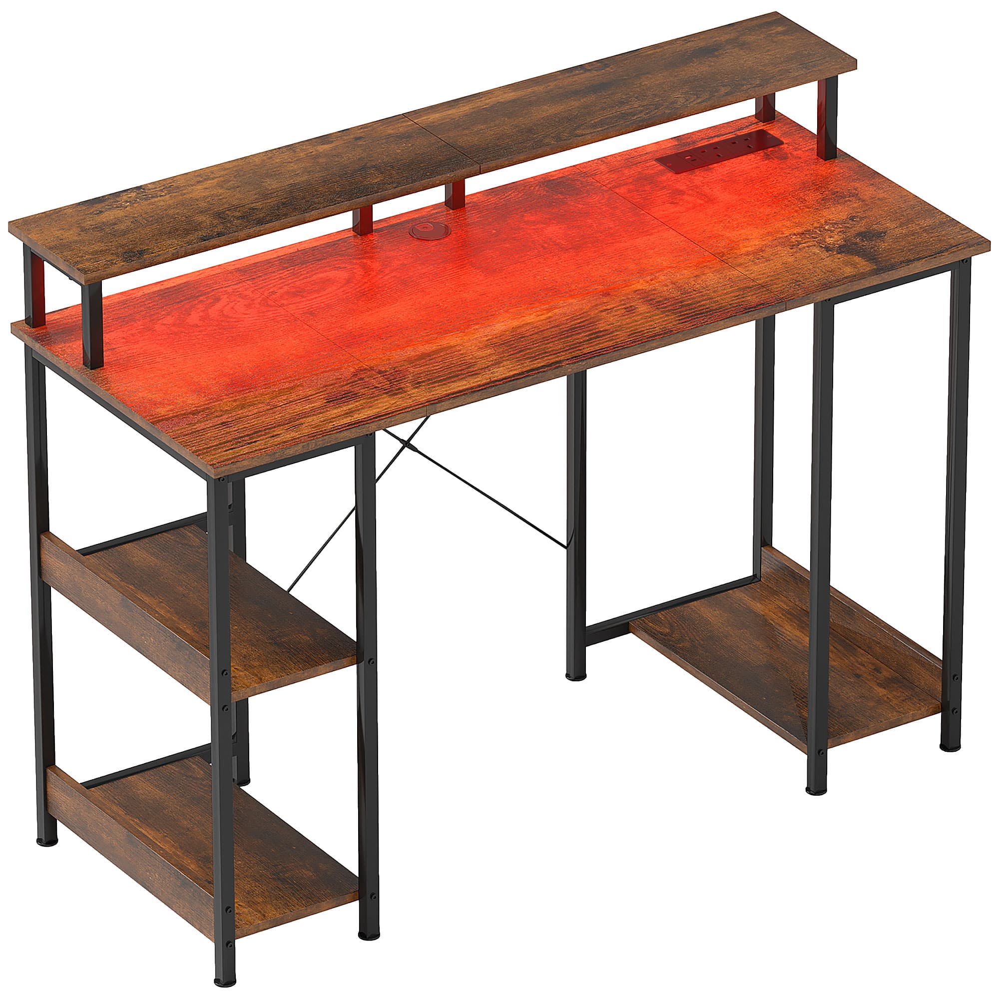 HOMCOM Computer Desk with Power Outlets and LED Lights, 120 x 50cm Reversible Home Office Desk with Monitor Stand and 2-Tier Shelves, Rustic Brown