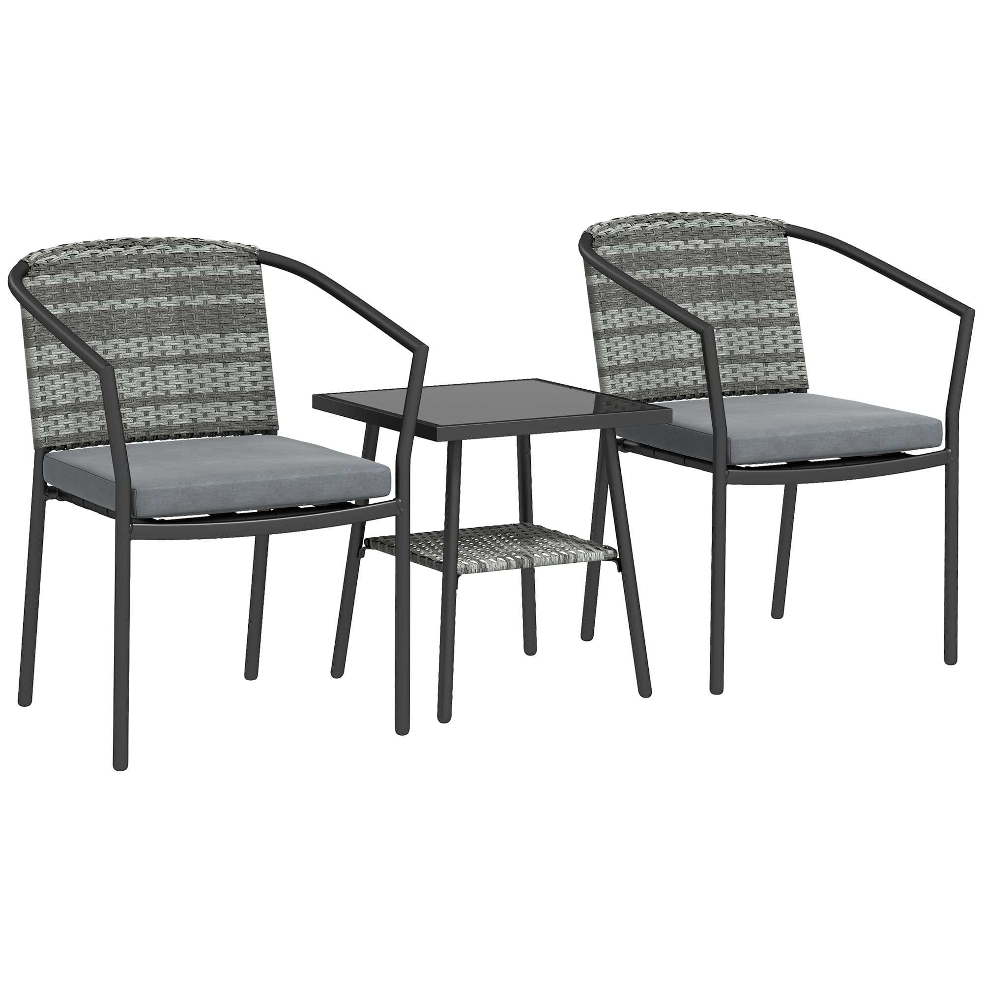 Outsunny 3 Pieces Rattan Bistro Set with 4 Cushions, Wicker Garden Furniture Set, Glass Top Coffee Table and Chairs for Outdoor Patio, Balcony, Terrace and Conservatory, Grey thumbnail 2