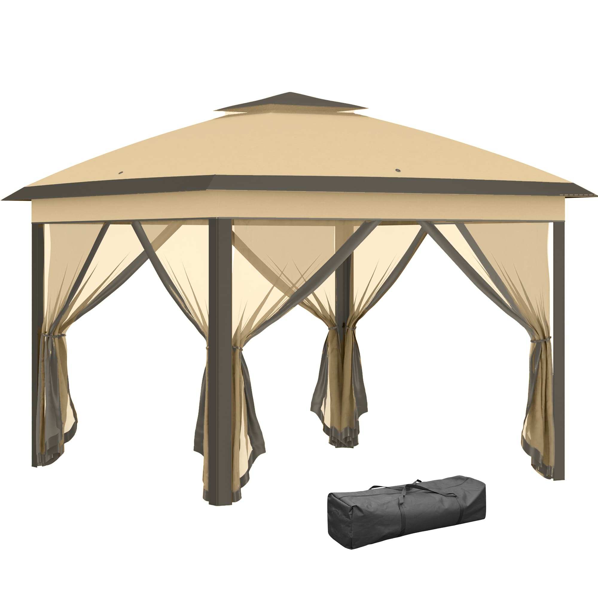 Outsunny 11 x 11ft Waterproof Gazebo, Double-Roof Shelter with Mesh Sidewalls, Adjustable Height & Carry Bag, Beige | Aosom UK