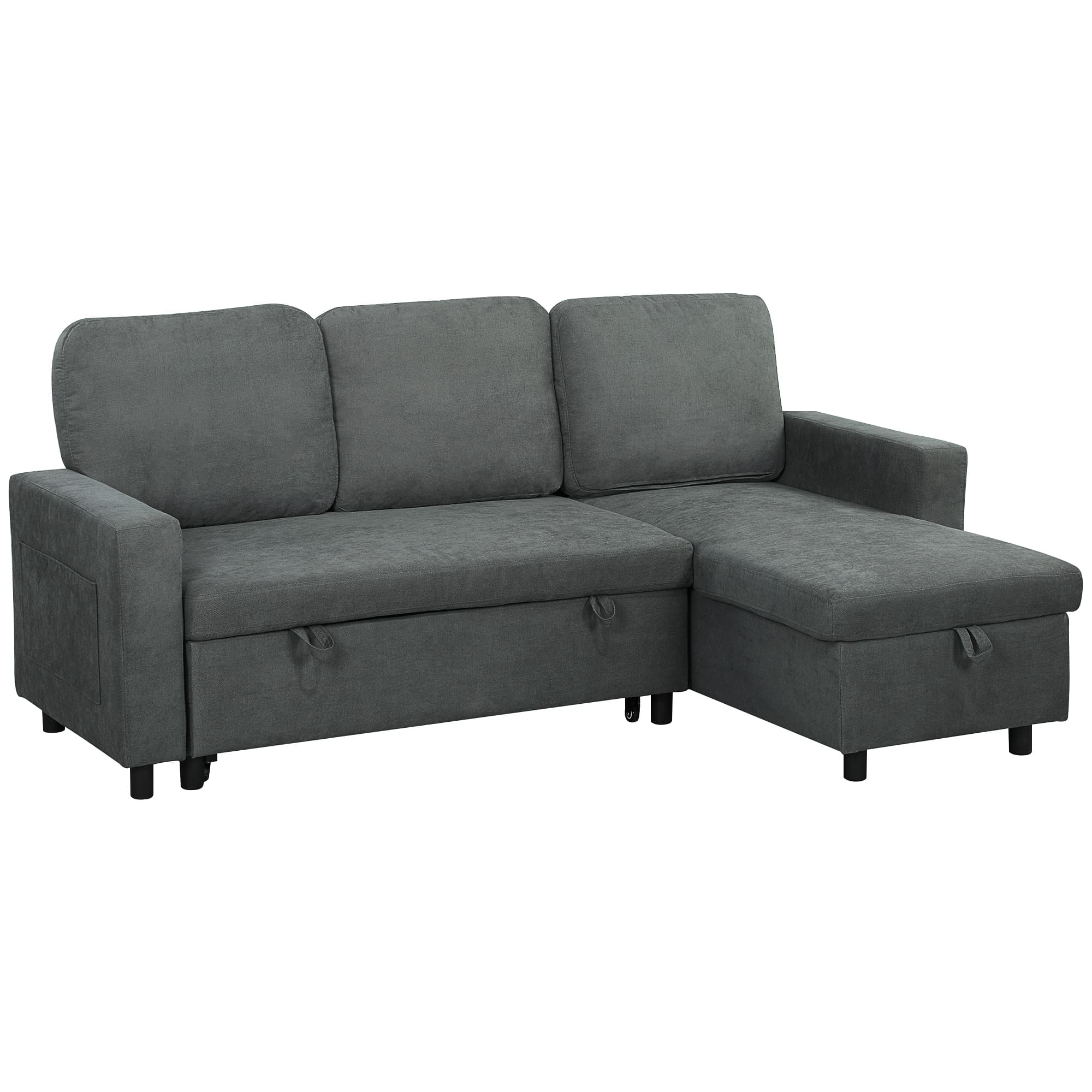 HOMCOM Pull Out Sofa Bed Linen-look Upholstery with Storage, 3 Seater Sofa Bed with Reversible Chaise and Side Pockets, Charcoal Grey | Aosom UK