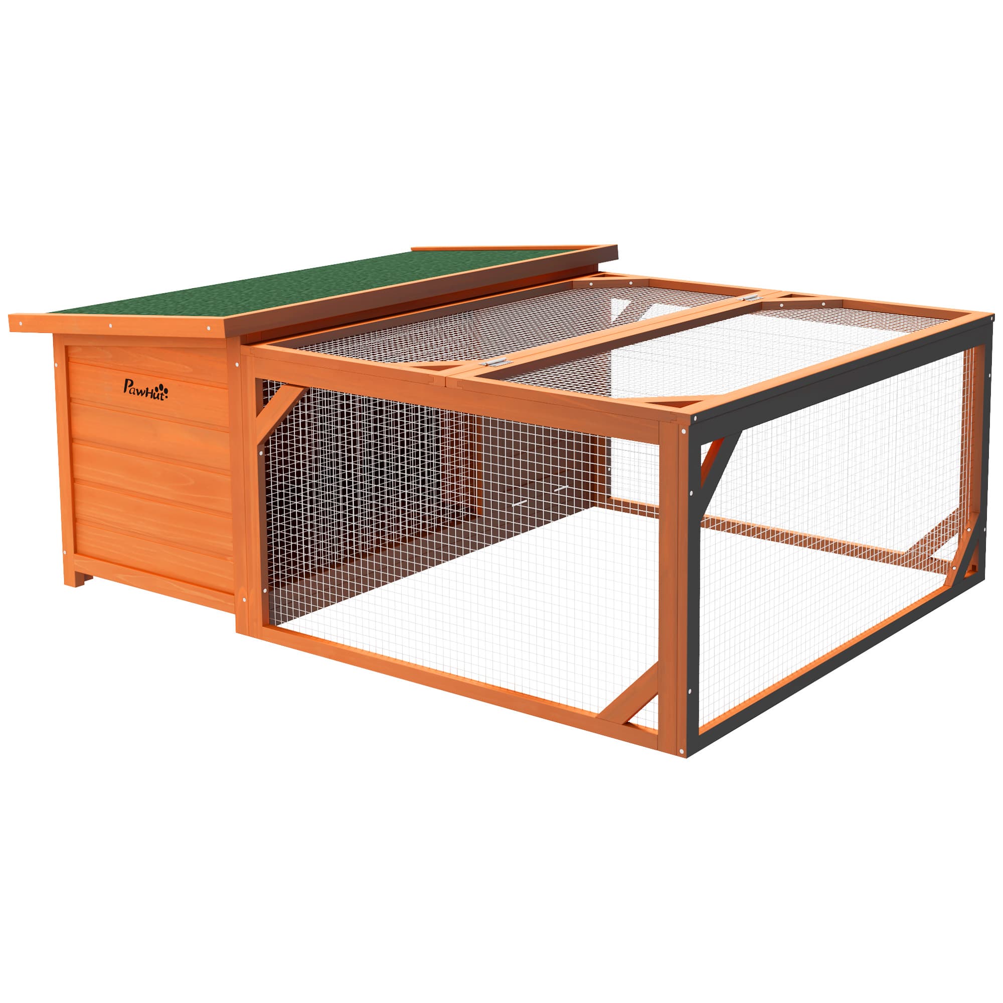 PawHut Rabbit Hutch Small Animal Guinea Pig House Off-ground Ferret Bunny Cage Backyard with Openable Main House & Run Roof 125.5 x 100 x 49cm Orange