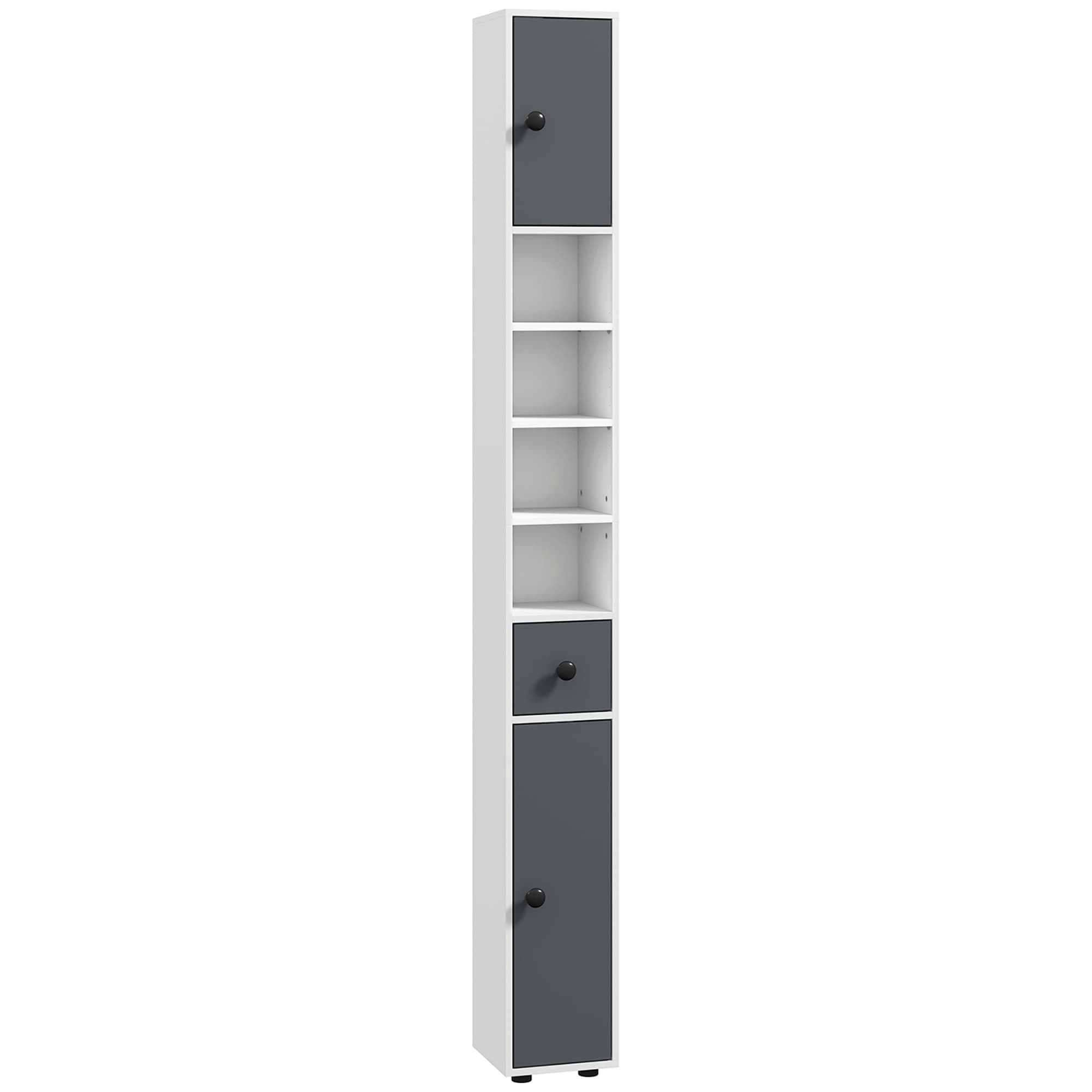 Kleankin 180cm Tall Slim Bathroom Cabinet, Narrow Toilet Roll Storage with Open Shelves, 2 Door Cabinets, Adjustable Shelves, for Kitchen | Aosom UK