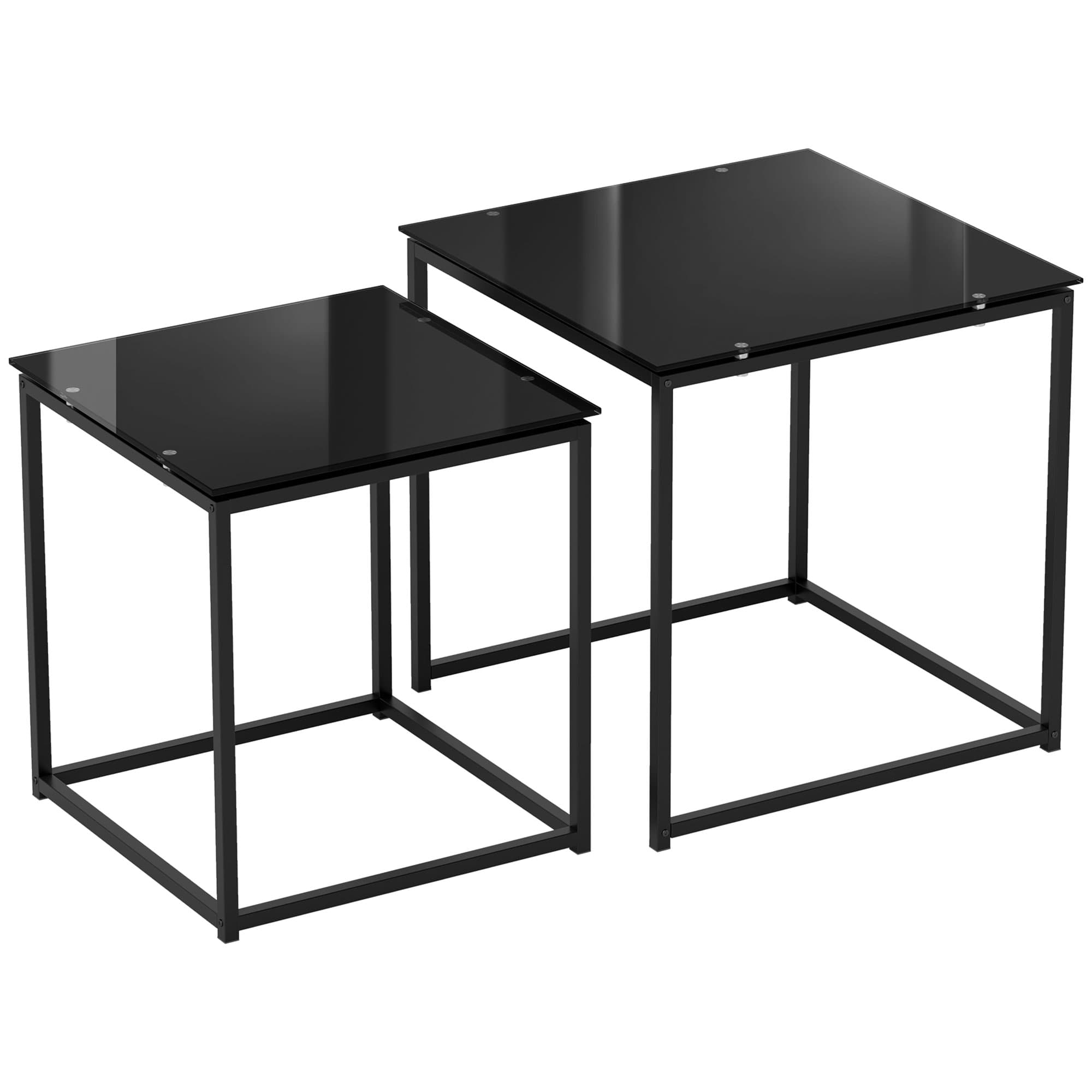 HOMCOM Set of 2 Nesting Side Tables, Modern Bedside Tables with Tempered Glass Top for Living Room, Bedroom, Office, Black