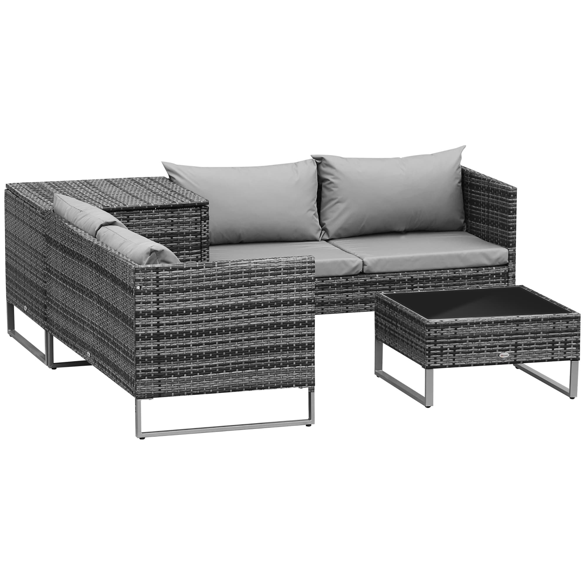 Outsunny 4pc All Weather Outdoor Sofa Set, Rattan Wicker Patio Corner Sofa with Cushions and Side Storage, Mixed Grey | Aosom UK