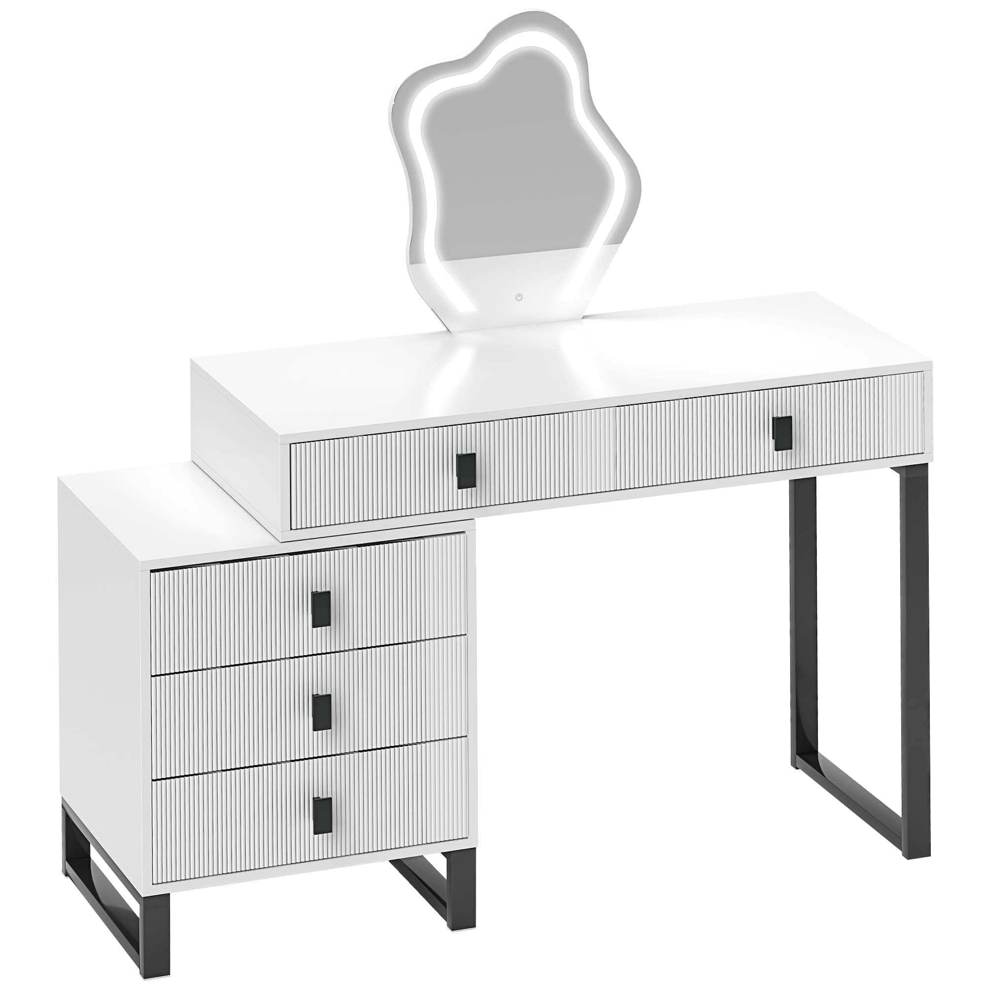 HOMCOM LED Lighted Dressing Table with Leaf Shape Mirror, Modern Vanity Desk with 5 Drawers, Makeup Desk with Fluted Panels, White