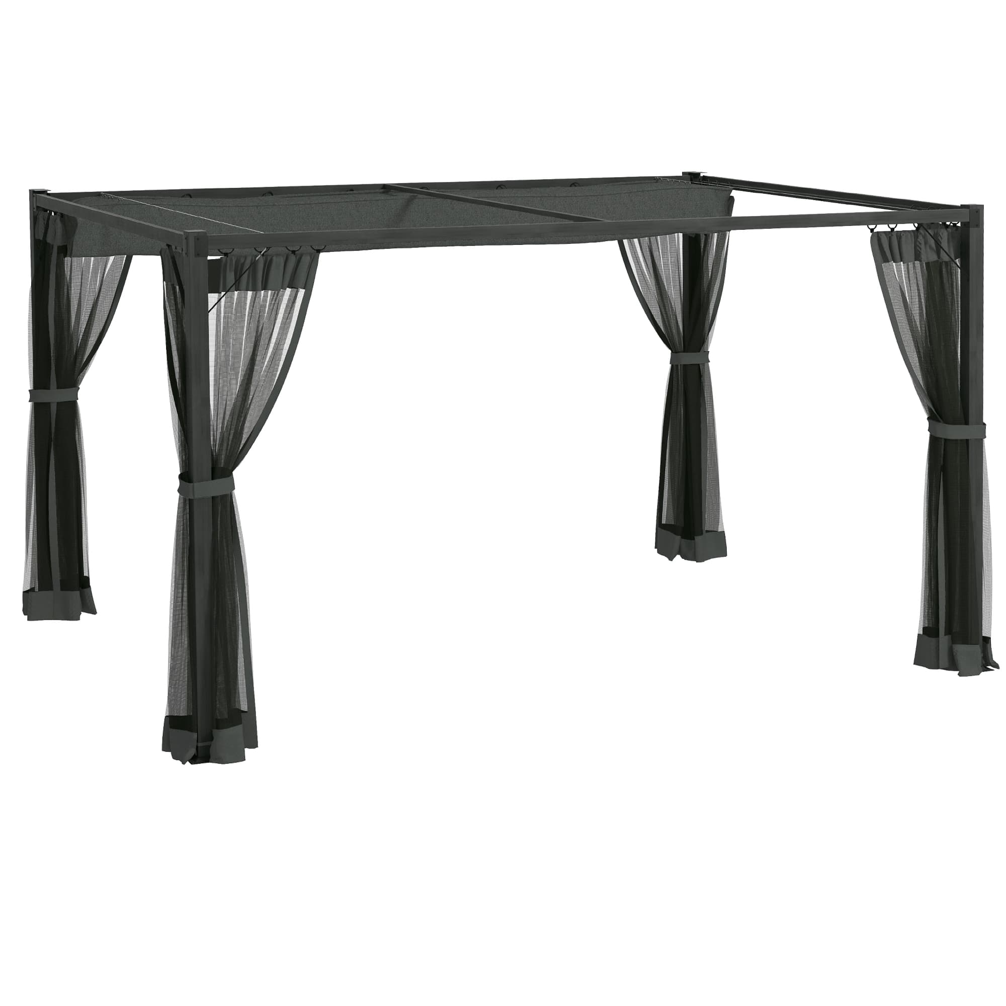 Outsunny 3 x 4m Retractable Pergola, Garden Gazebo Shelter with Nettings, for Grill, Patio, Deck, Dark Grey