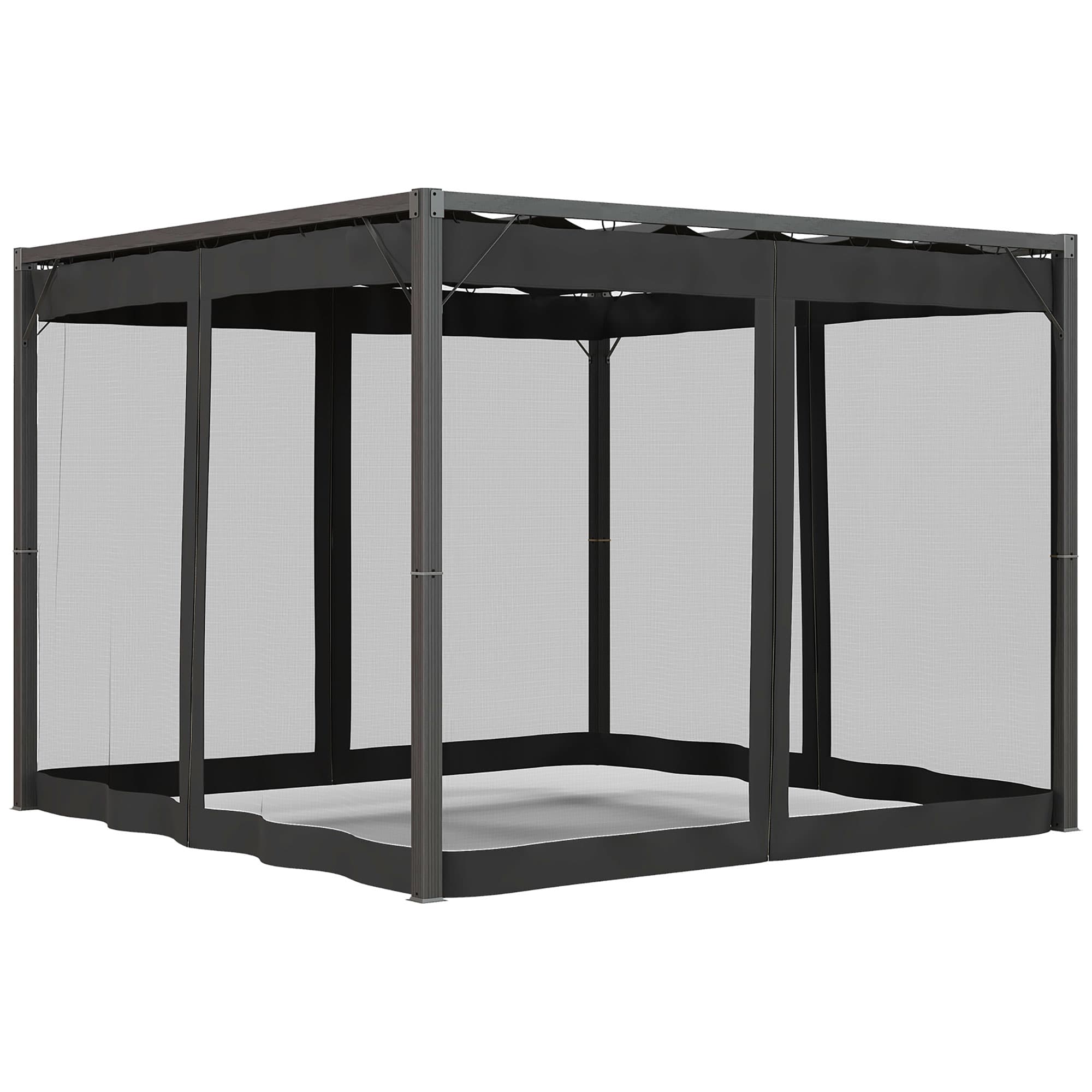 Outsunny 3x3m Retractable Garden Pergola Gazebo Shelter with Mesh Netting, Versatile Sun Shade Canopy for Patio & Deck, Dark Grey | Aosom UK