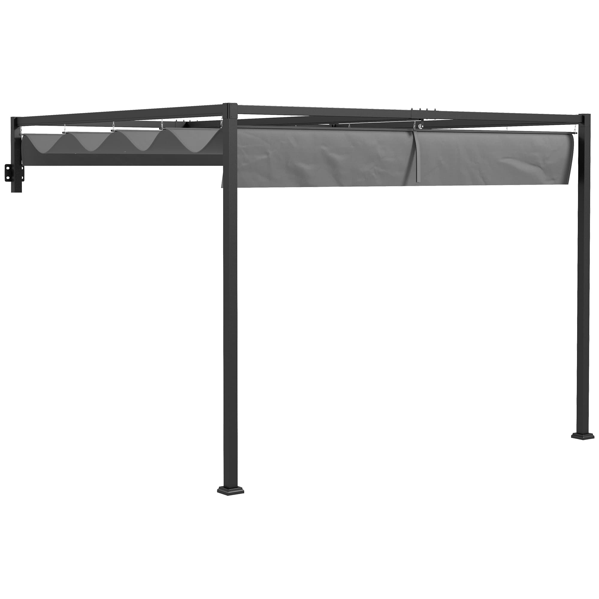 Outsunny 3x4m Lean-To Metal Garden Pergola with Retractable Sun Shade Roof, Wall-Mounted Patio Shelter for BBQ & Decking, Dark Grey | Aosom UK