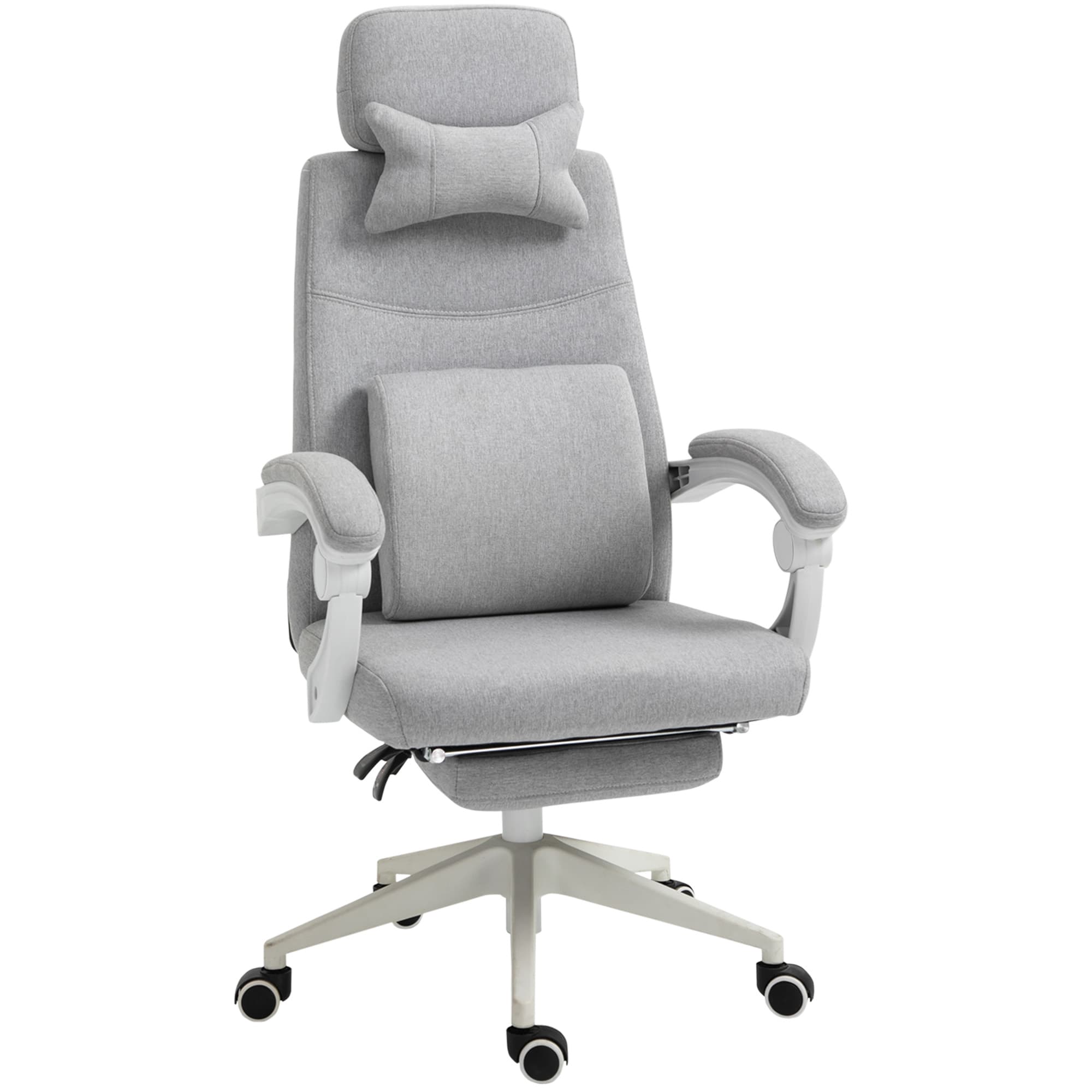 Vinsetto Ergonomic Desk Chair, High Back Fabric Office Chair with Reclining Backrest, Footrest, Neck and Lumbar Pillow, Grey | Aosom UK