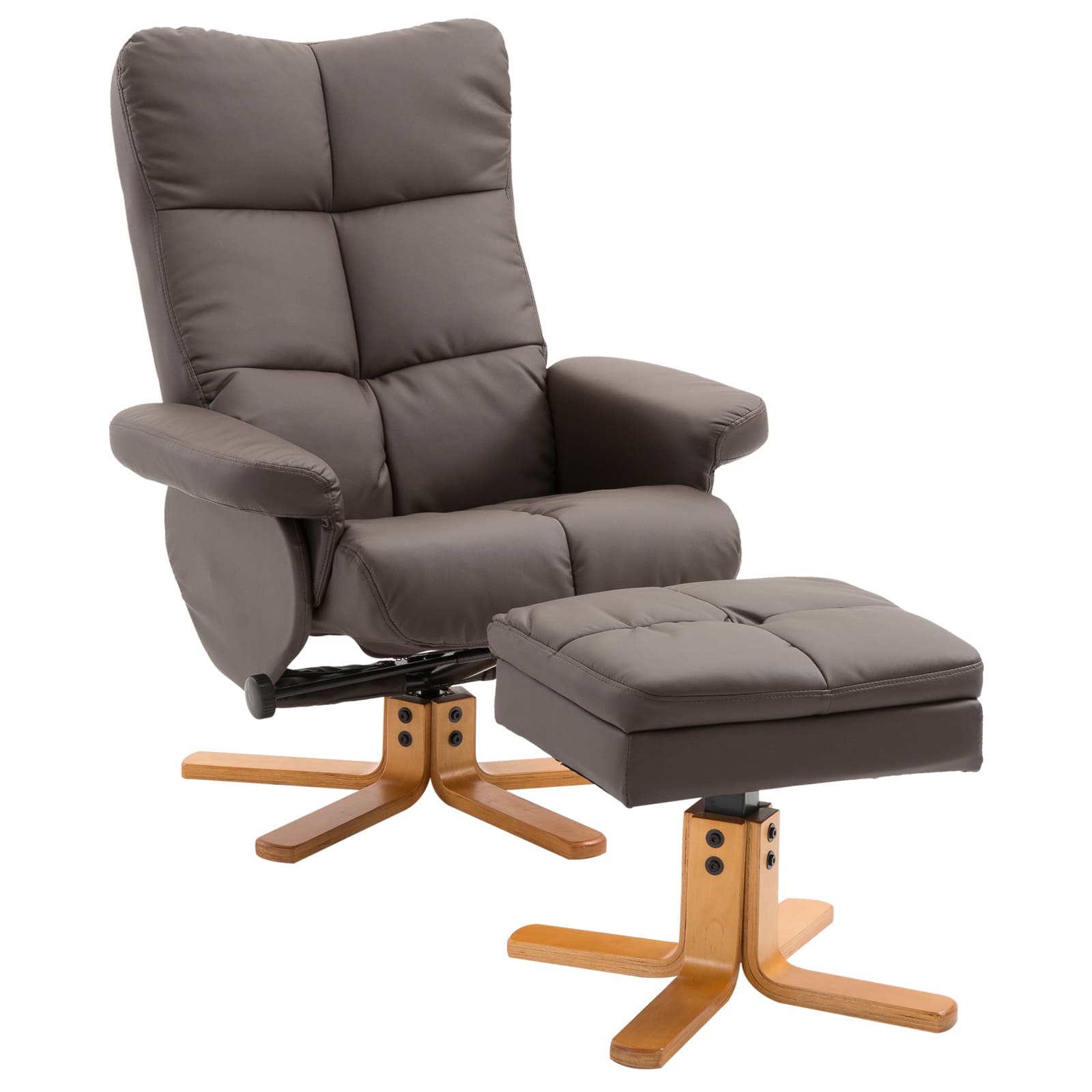 HOMCOM Faux Leather Swivel Recliner Chair with Footstool and Storage, Wooden Base Armchair, Brown | Aosom UK