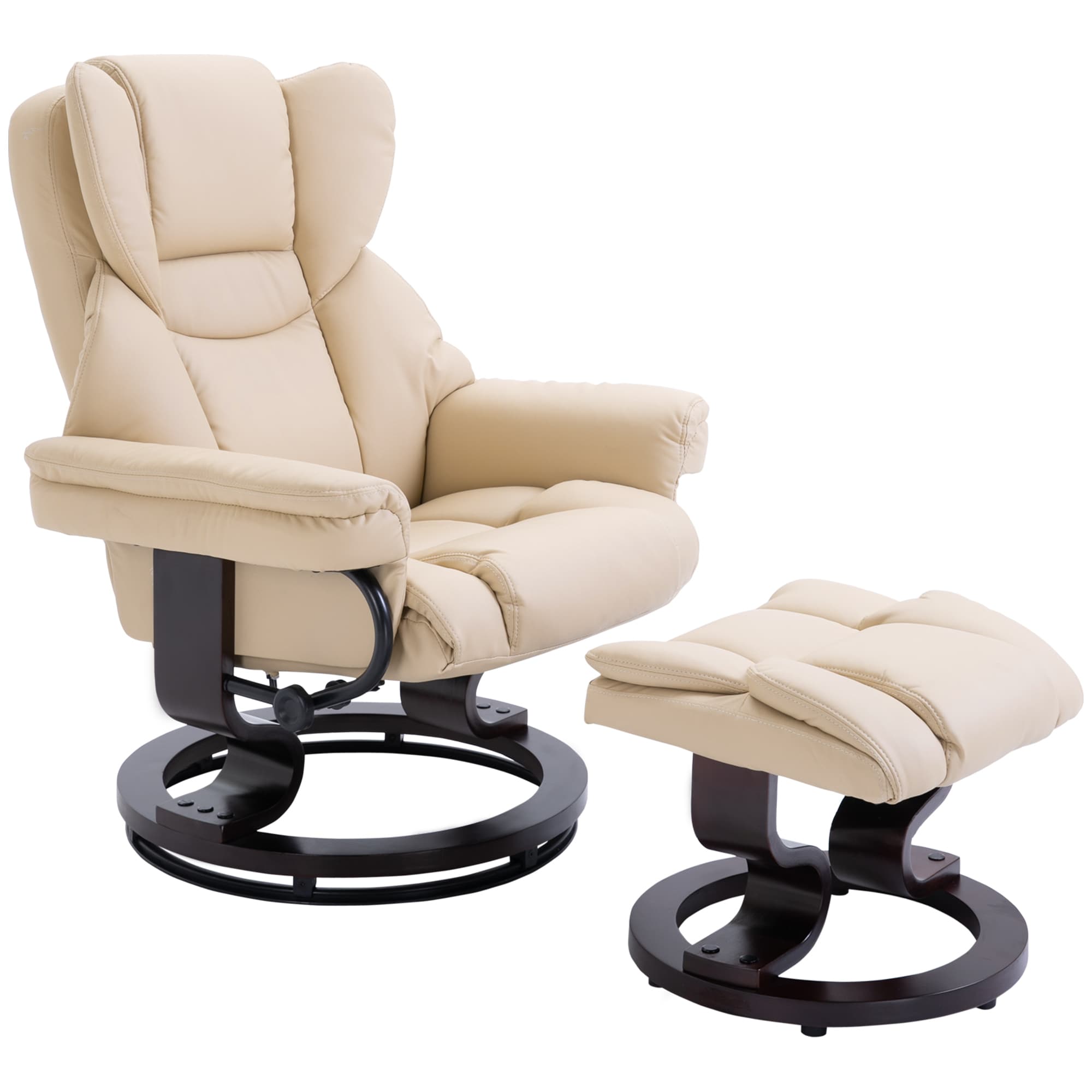 HOMCOM Reclining Swivel Armchair & Footstool Set, Manual PU Leather Relax Chair with Bentwood Base, Cream | Aosom UK