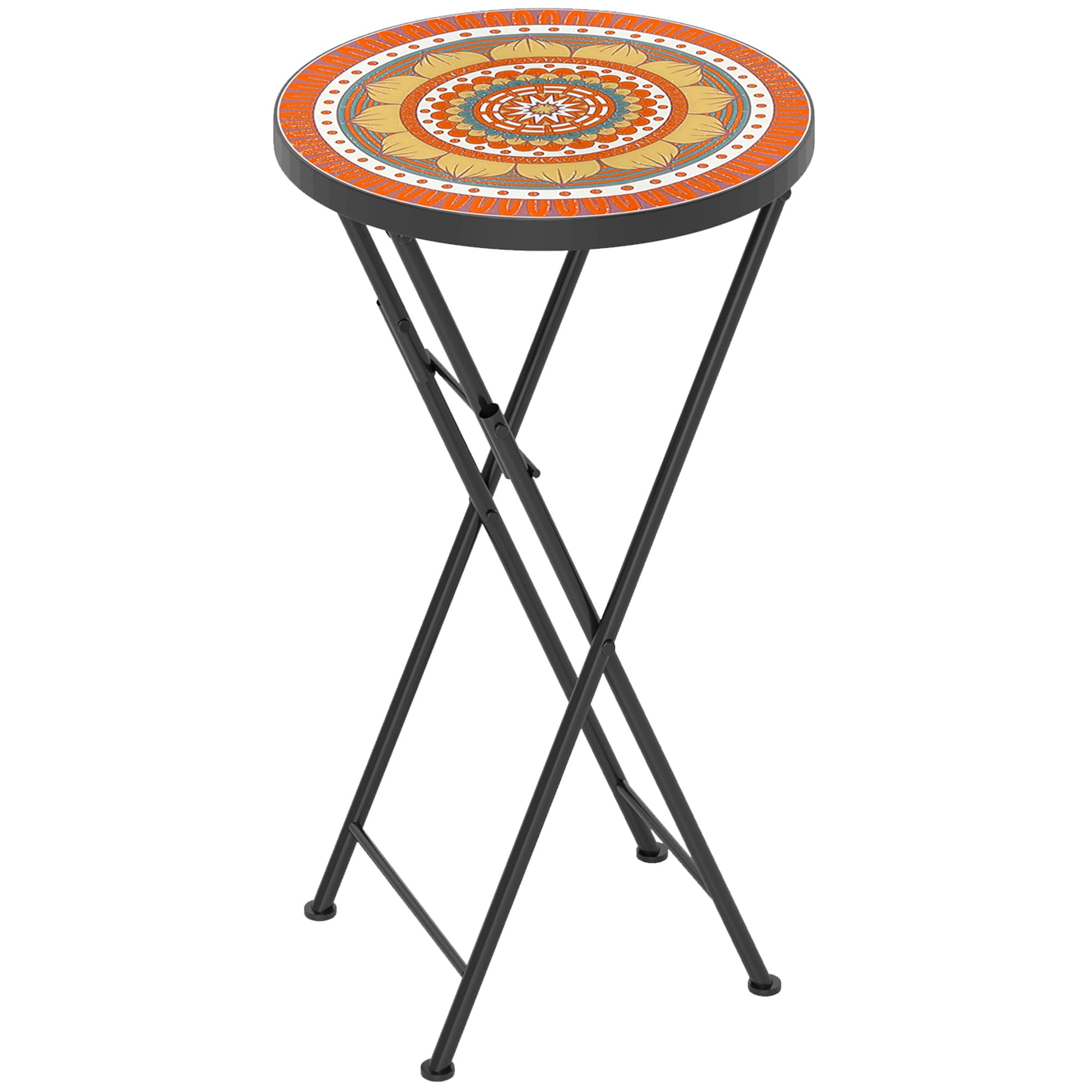 Outsunny Mosaic Outdoor Garden Table, 35.5cm Round Folding Coffee Table with Metal Frame for Balcony Terrace, Orange | Aosom UK