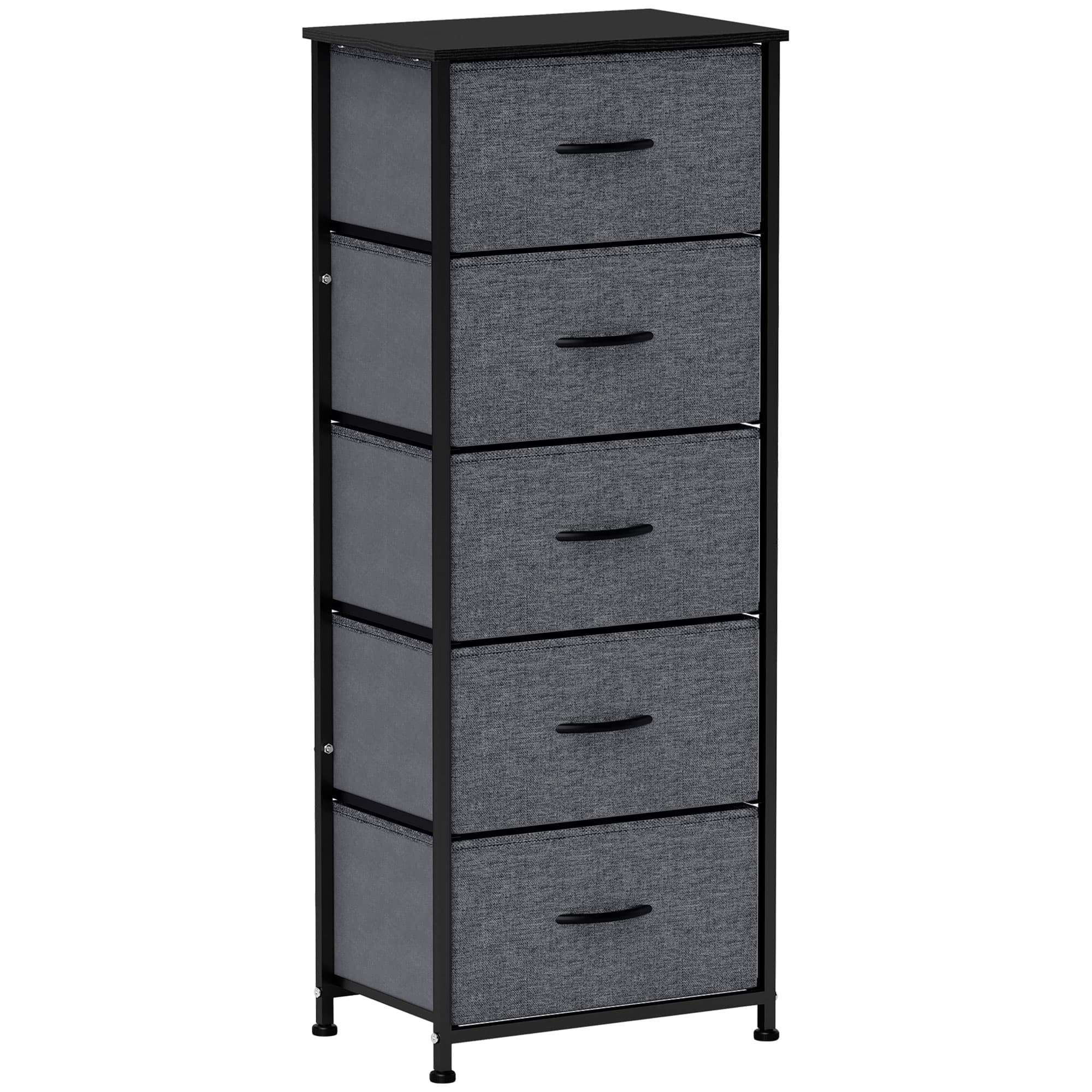 HOMCOM Fabric Chest of Drawers, Storage Drawers, Industrial Bedroom Dresser with 5 Fabric Drawers, Steel Frame and Wooden Top for Nursery, Living Room, Hallway, Dark Grey