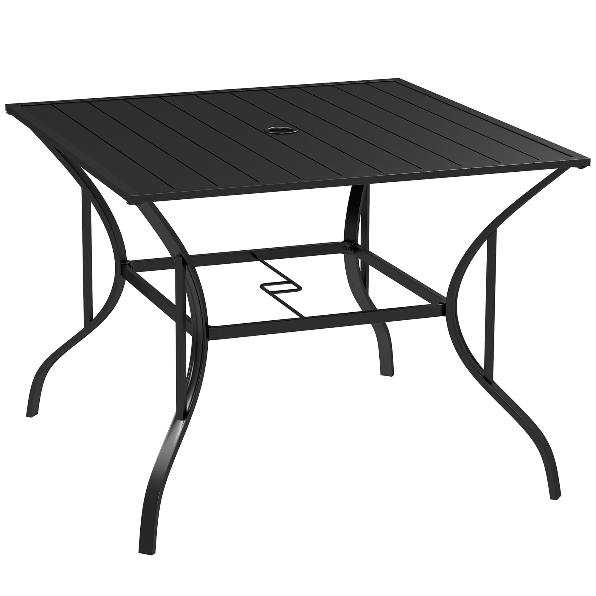Outsunny Garden Table with Parasol Hole, Outdoor Dining Garden Table for Four, Square Patio Table with Slatted Metal Plate Top, Black