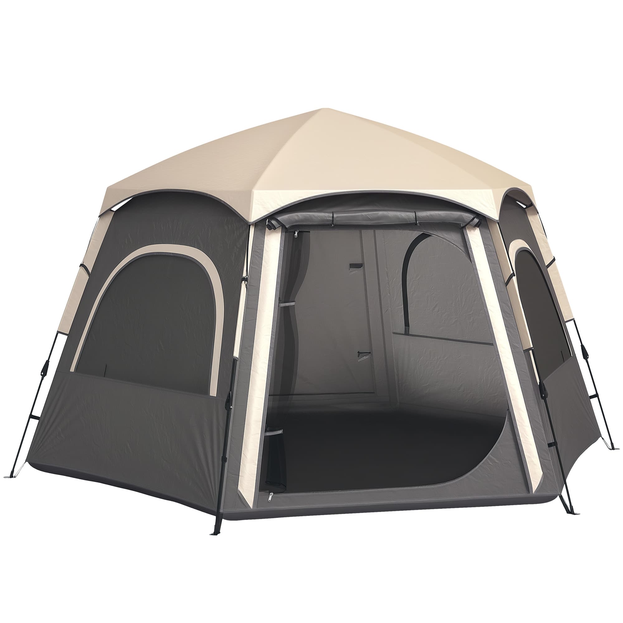 Outsunny Instant Camping Tent, 2/3/4 Person Easy Setup Family Tent with Vestibule, Rainfly, 4 Mesh Windows & 2 Doors, Hexagonal Design, Waterproof UV Protected Dome Tent, Dark Grey