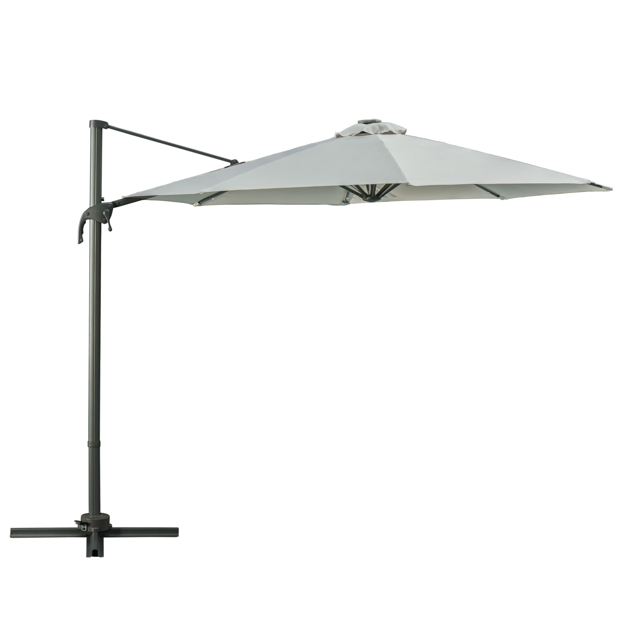Outsunny 3(m) Cantilever Roma Parasol Patio Sun Umbrella with LED Solar Light Cross Base 360° Rotating Outdoor, Grey