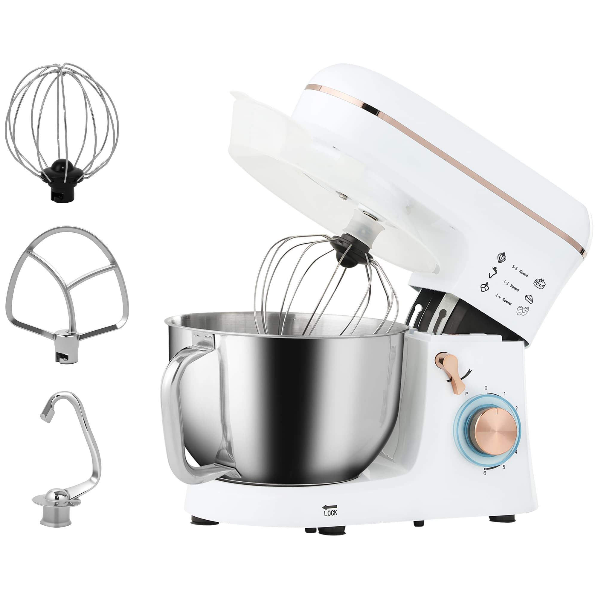 HOMCOM 5L Food Mixer for Baking, 6 Speeds and Pulse Setting, 1400W Cake Electric Kitchen Mixer with Dough Hook, Whisk, Stainless Steel Bowl, White
