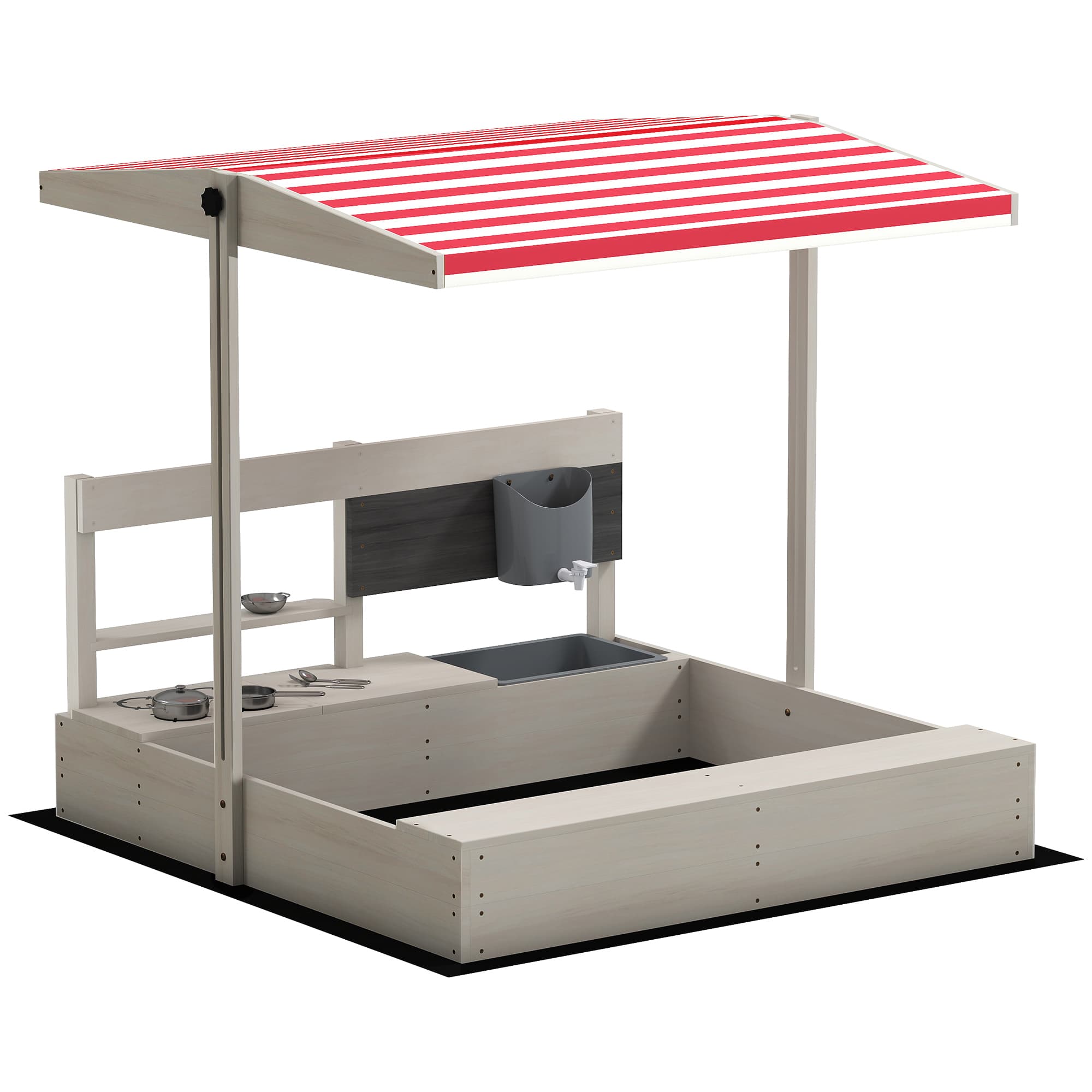 Outsunny Kids Wooden Sandbox w/ Canopy, Kitchen Toys, Seat, Storage, for 3-7 Years Old Outdoor Play