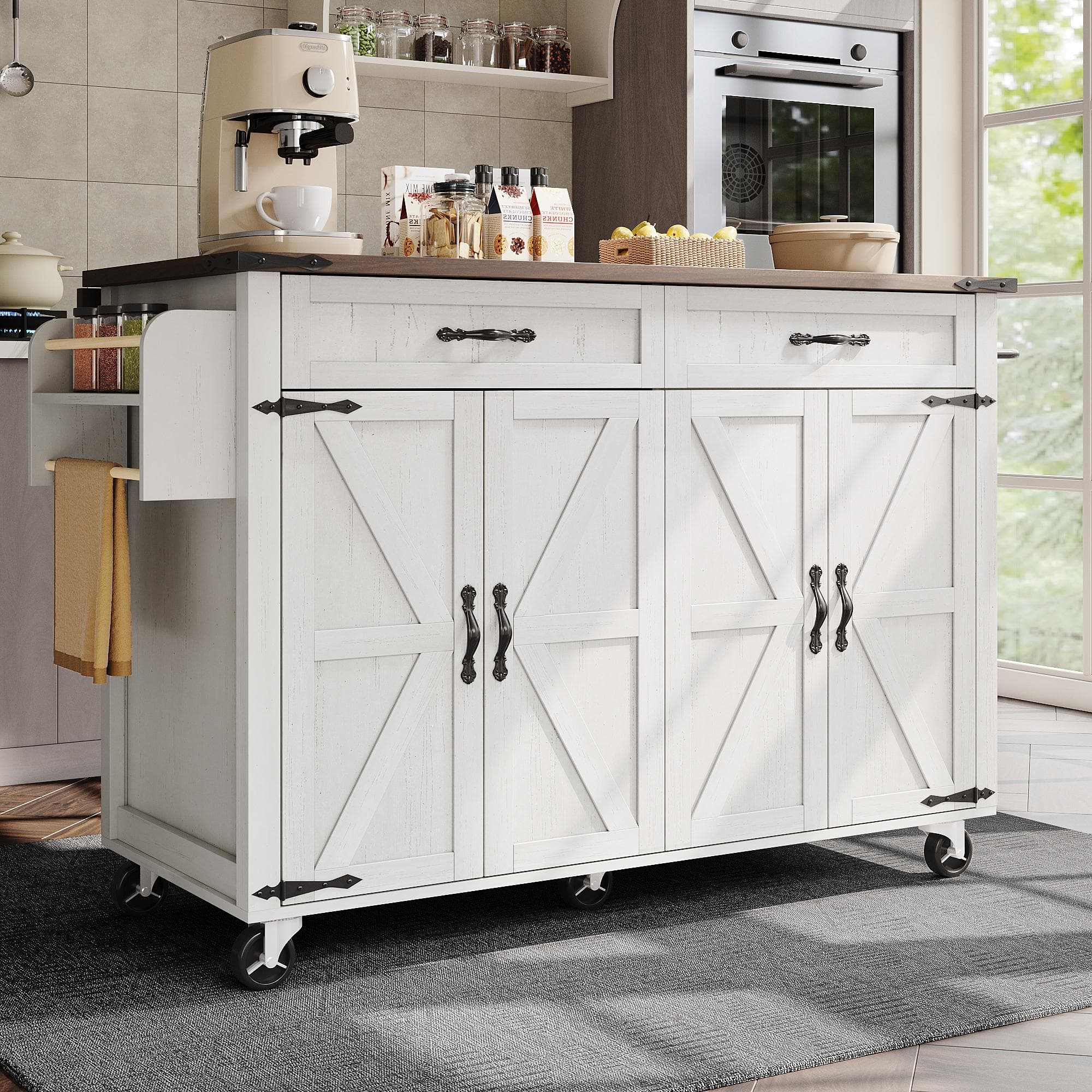 Farmhouse Style Kitchen Island Trolley with Adjustable Shelf, Easy Assembly, Perfect for Kitchen, Living Room, 140L x 73W x 90.5H cm, White | Aosom.UK