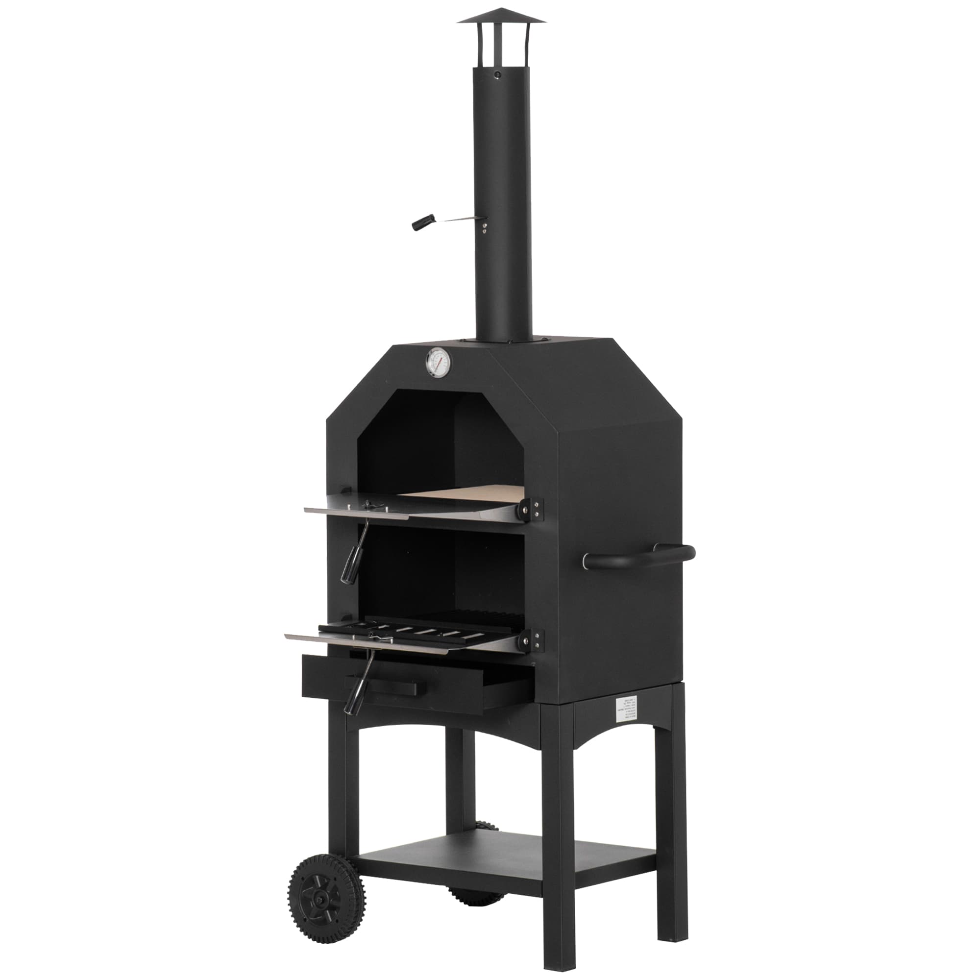 Outsunny Outdoor Garden Pizza Oven Charcoal BBQ Grill 3-Tier Freestanding Grill w/ Chimney, Mesh Shelf, Thermometer Handles, Wheels | Aosom UK