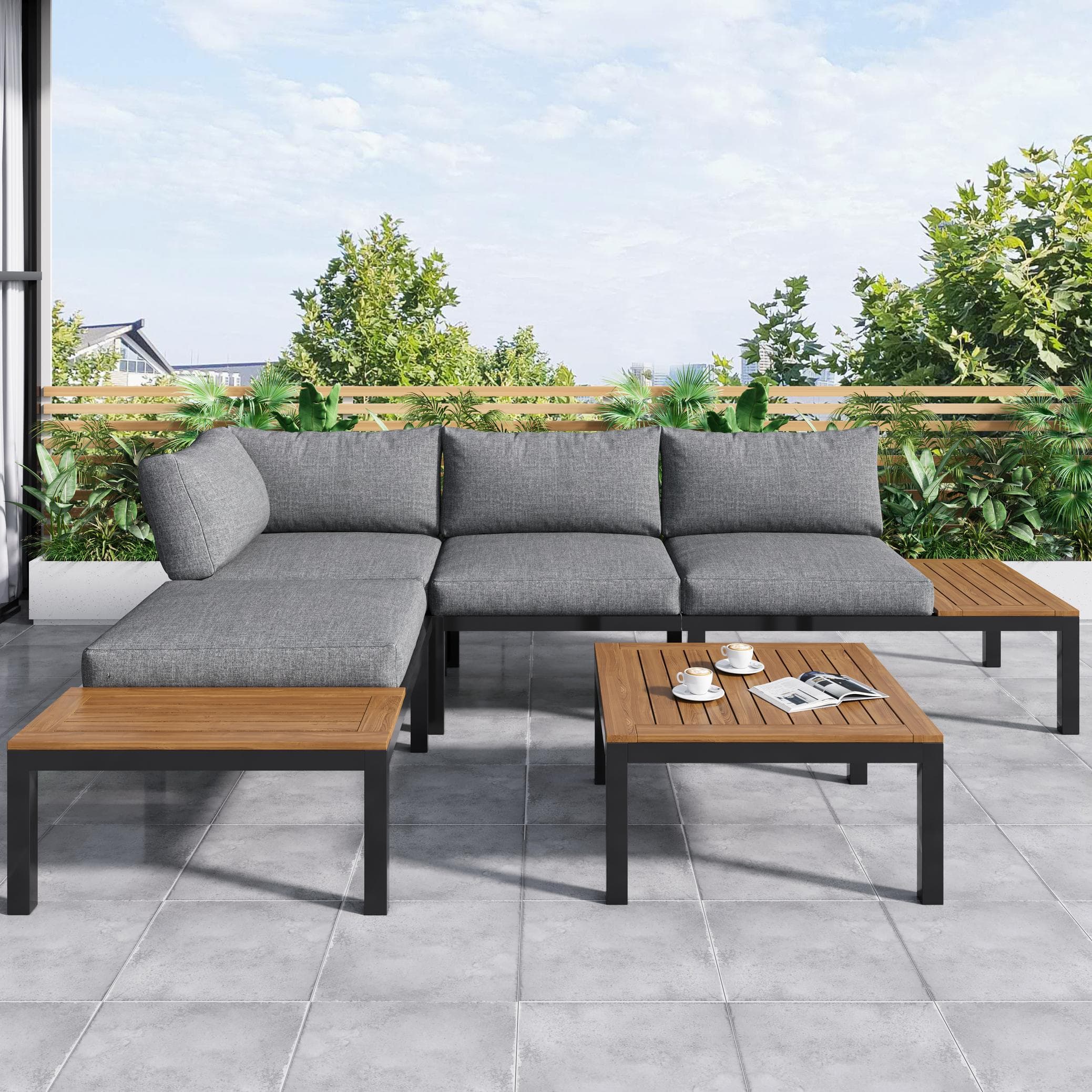 4 Seater Metal Garden Furniture Corner Sofa Set with Wooden Table, Iron Frame, Modern Outdoor Garden Lounge Set with Space-Saving Design for 4 People, Grey | Aosom UK
