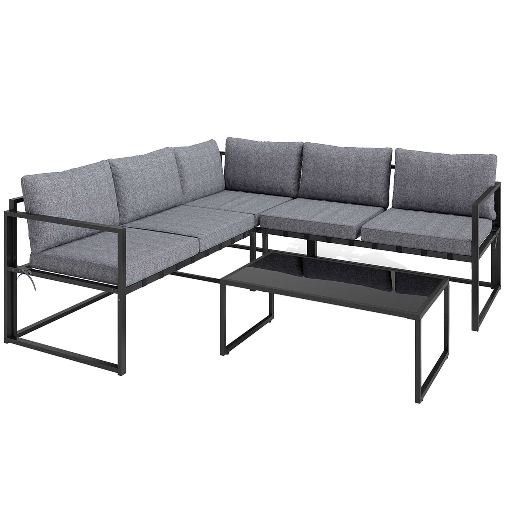 Outsunny Garden Corner Sofa Set with Tempered Glass Tabletop L Shaped Garden Furniture with UV-protected fabric - Grey | Aossom UK