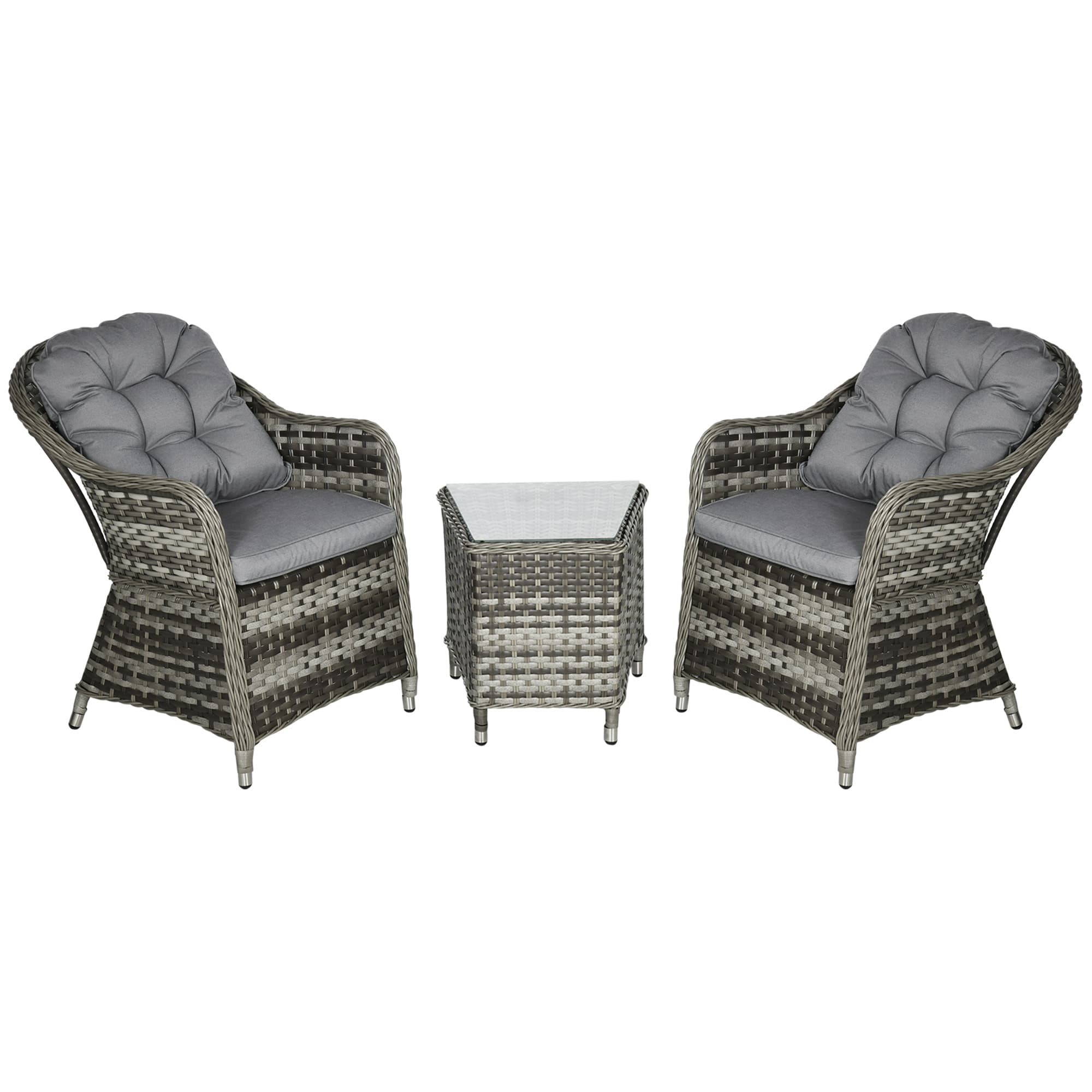 Outsunny Modern 3 PCS Rattan Bistro Set, Patio Aluminium Balcony Furniture with Soft Cushions & Glass Top Table for Garden, Backyard, Grey | Aosom UK