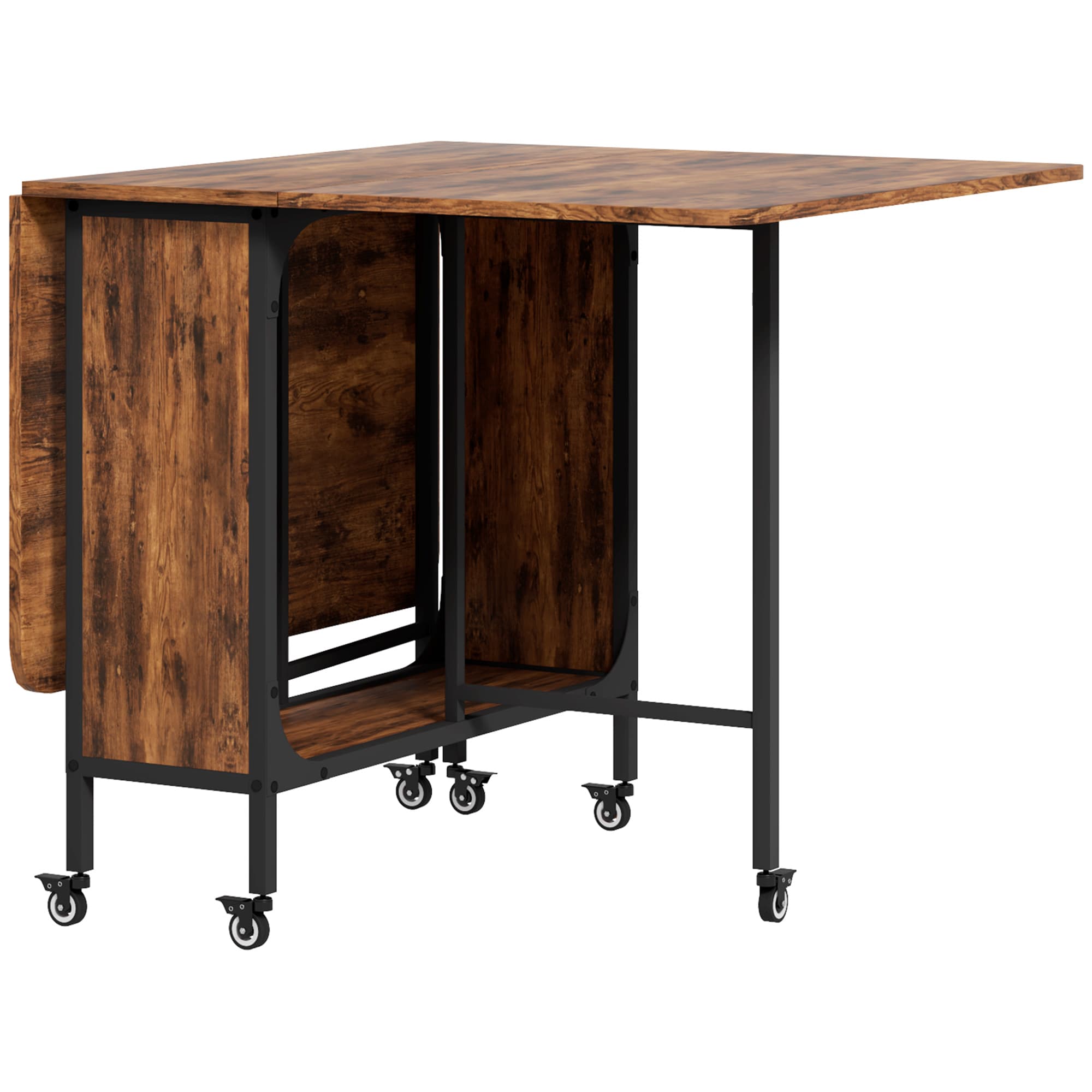 HOMCOM Mobile Drop Leaf Table Folding Kitchen Table Extendable Dining Table For Small Spaces With 6 Wheels & Storage Shelf Rustic Brown | Aosom UK