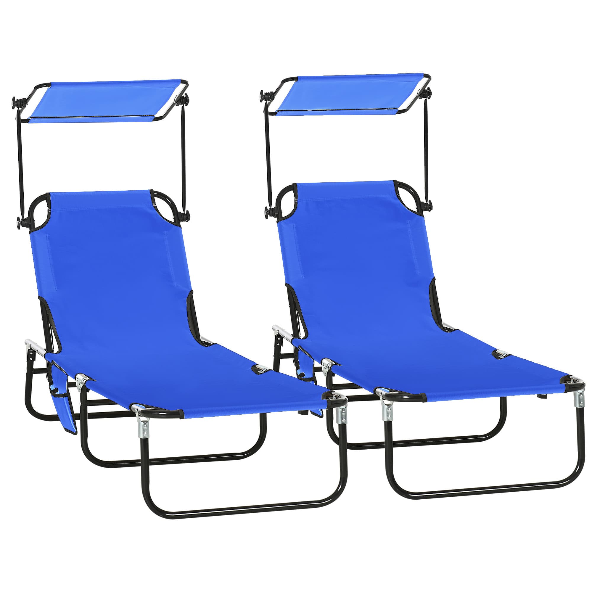 Outsunny 2 Piece Folding Sun Loungers with Canopy, Adjustable Recliner Garden Chairs with Breathable Mesh for Outdoor, Pool, Beach, Garden, Blue