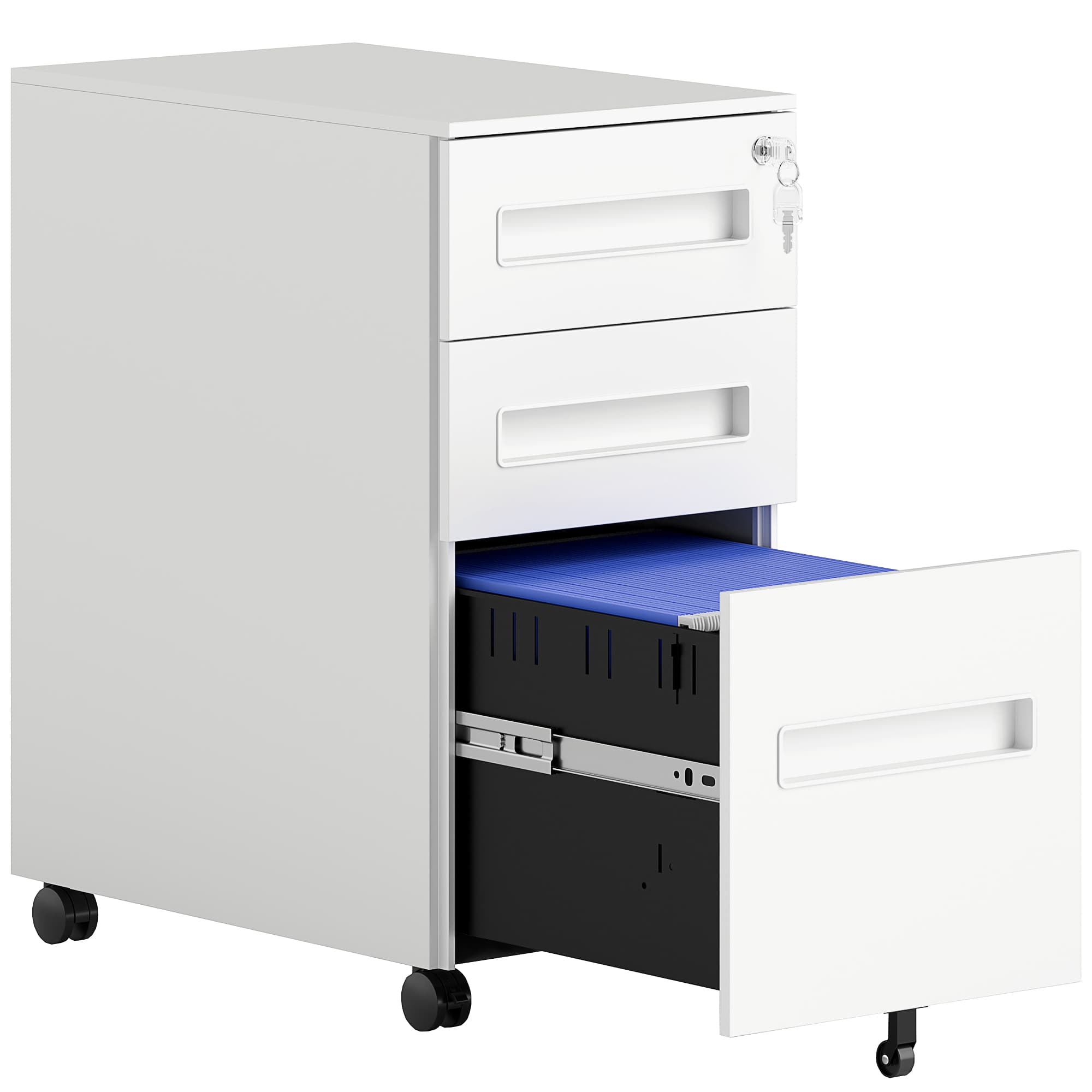 Vinsetto Metal Mobile File Cabinet with Wheels, Lockable 3 Drawer Filing Cabinet for A4, Legal, Letter, Under Desk Office Cabinet with Pre-Assembled Body for Home Office, 30 x 43.5 x 60 cm, White