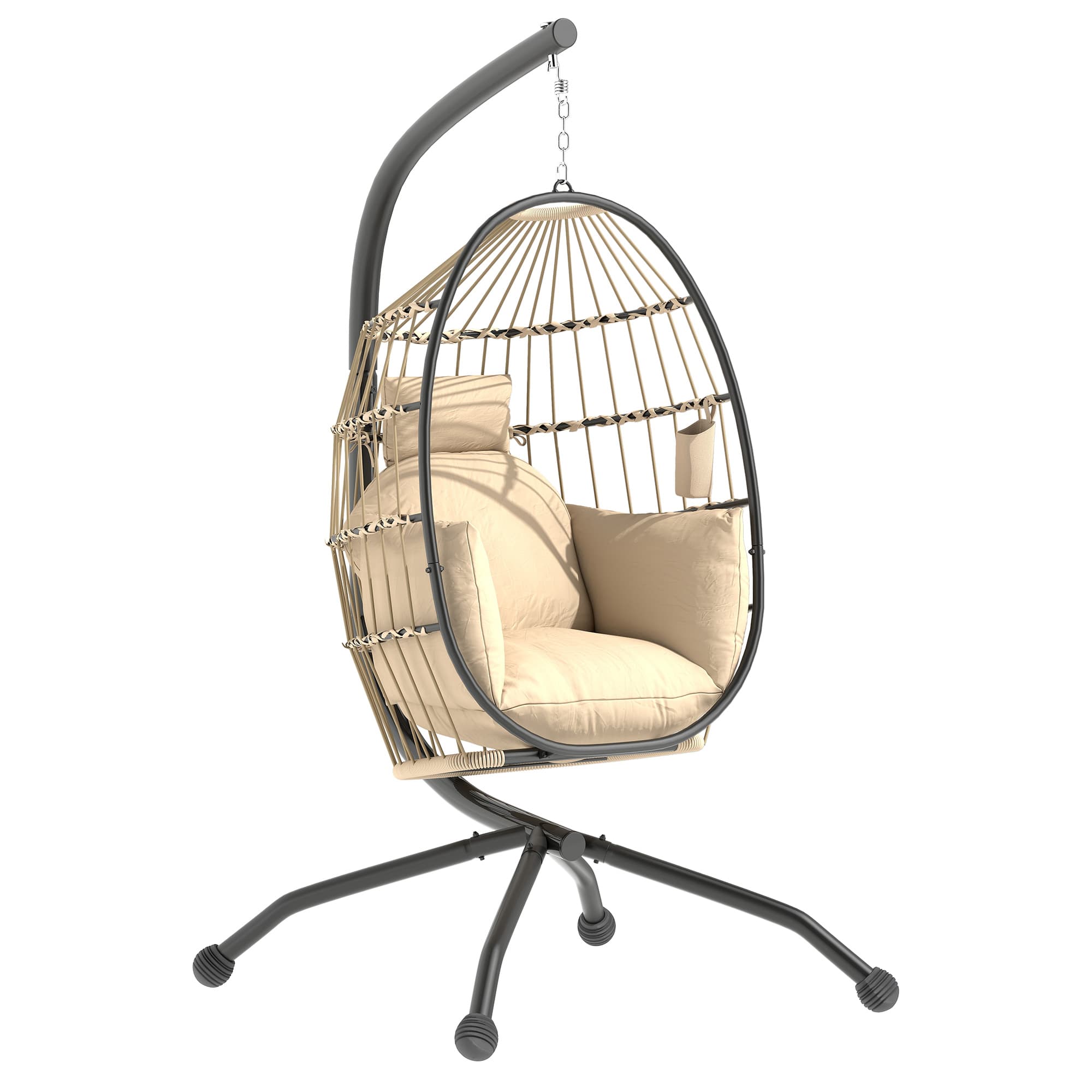 Outsunny Hanging Egg Chair Outdoor Indoor Swing Chair with Folding Basket and Cushion, Stand, Headrest, Cup Holder for Patio, Balcony, Khaki
