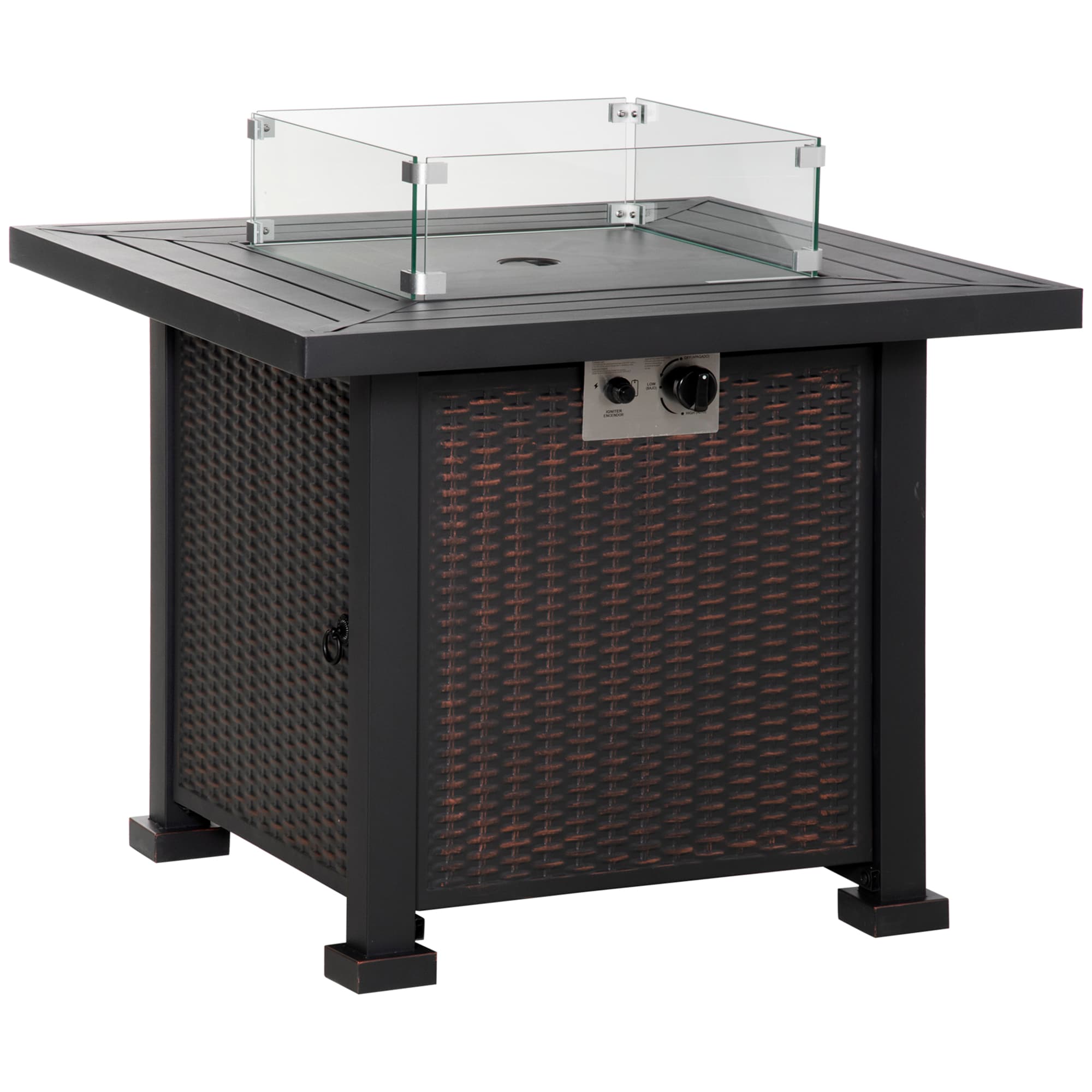 Outsunny Square Propane Gas Fire Pit Table, 50000 BTU Rattan Smokeless Firepit Patio Heater w/ Glass Screen, Beads, Lid, 82cm x 82cm x 66cm | Aosom UK