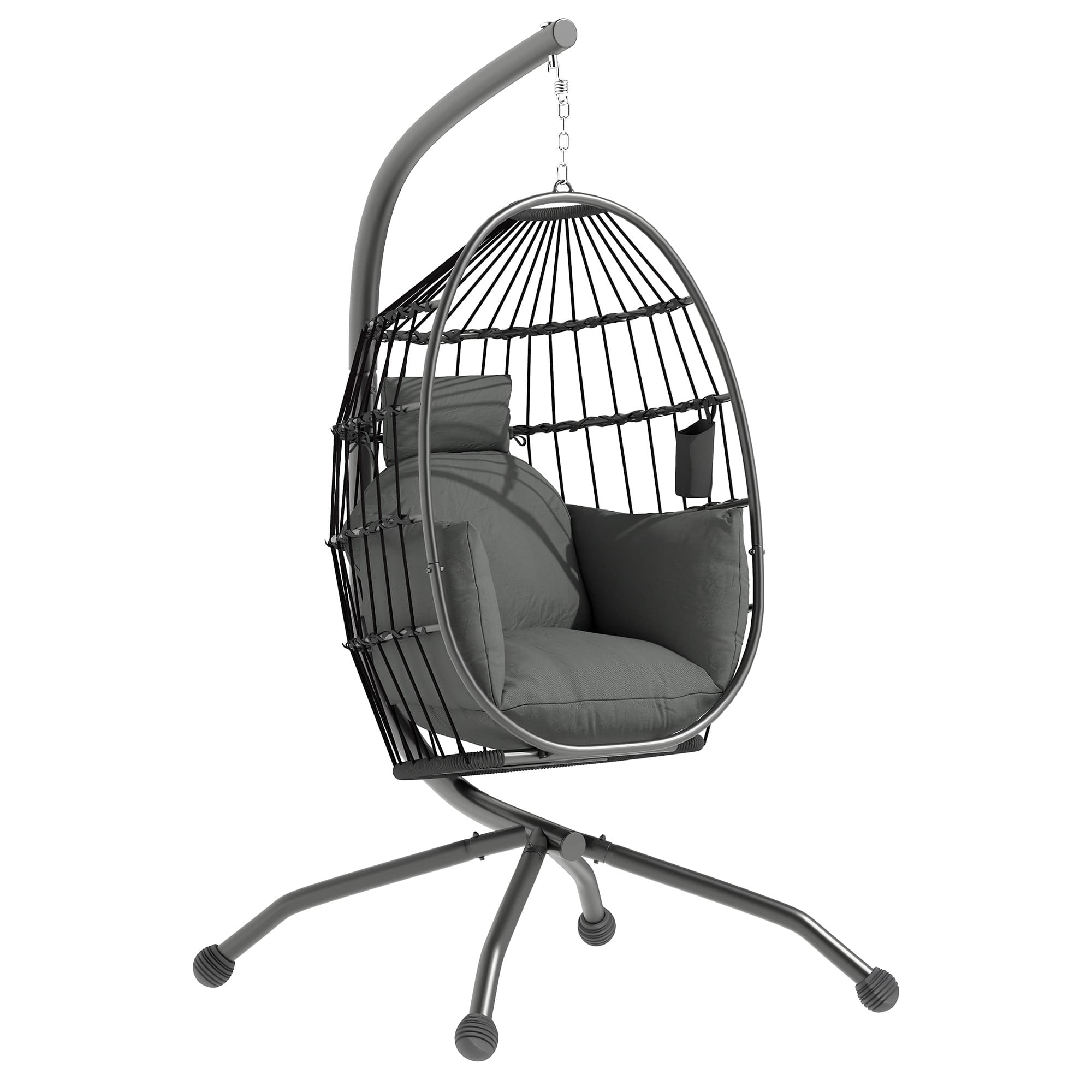 Outsunny Hanging Egg Chair Outdoor Indoor Swing Chair with Folding Basket, Cushion, Stand, Headrest, Cup Holder for Patio, Balcony, Dark Grey