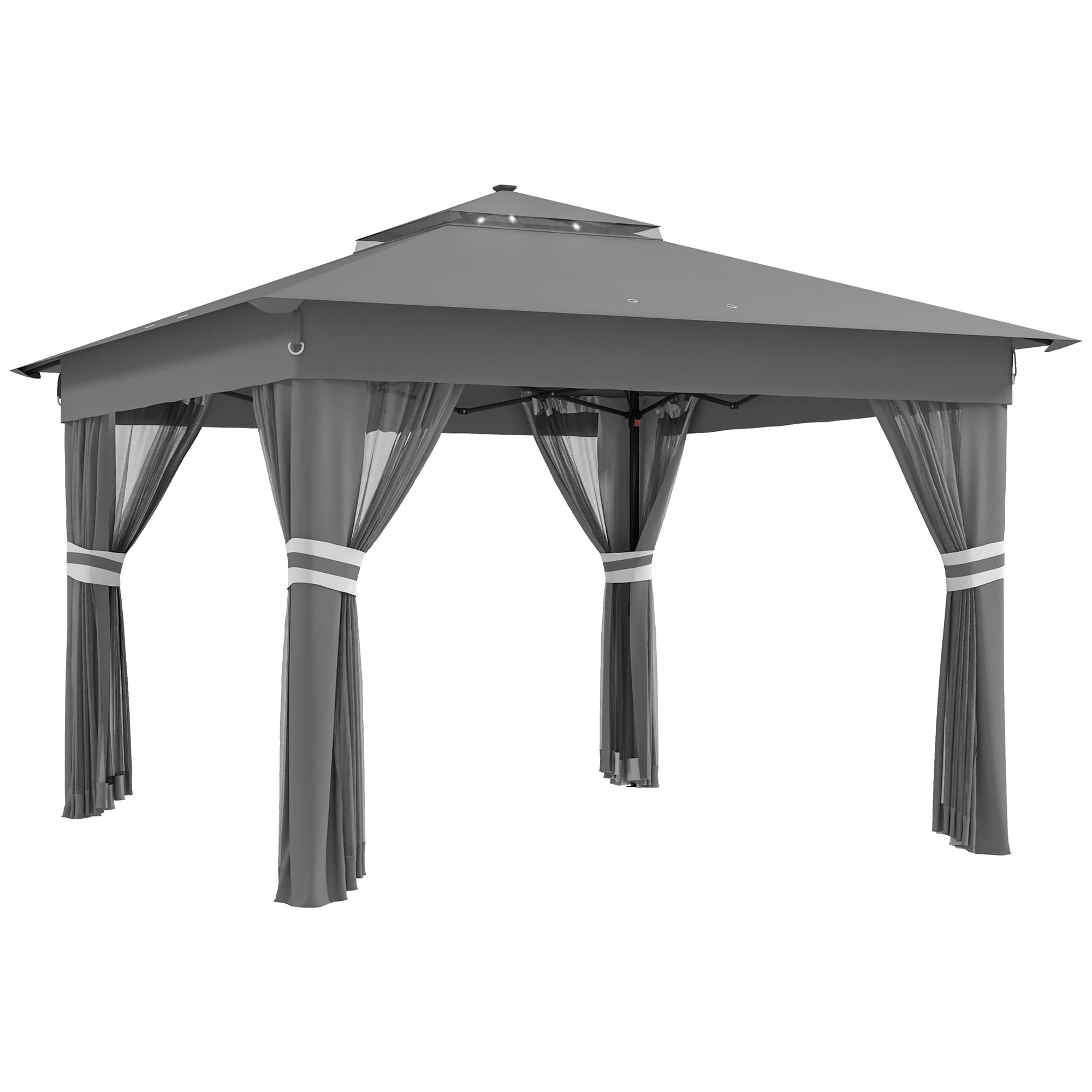Outsunny 3x3m Pop-Up Garden Gazebo with Solar LED Lights, Instant Event Party Tent Shelter with Curtains & Netting, Grey | Aosom UK