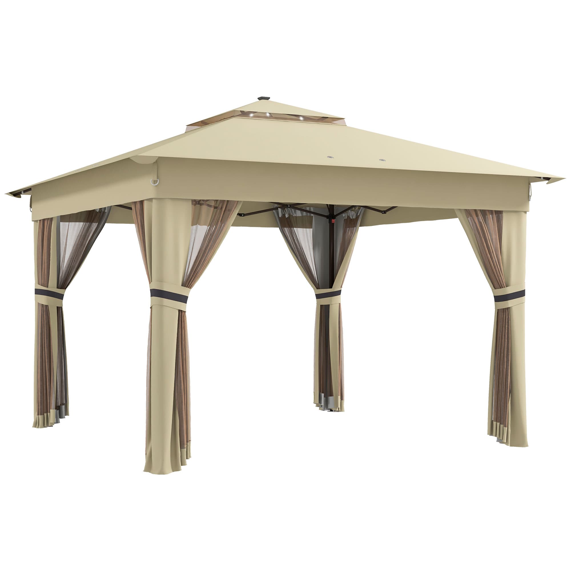 Outsunny 3 x 3 Sturdy Pop Up Gazebo with Solar Lights, Adjustable Shelter, Party Tent for Outdoor Events, Family Gatherings, Khaki | Aosom UK