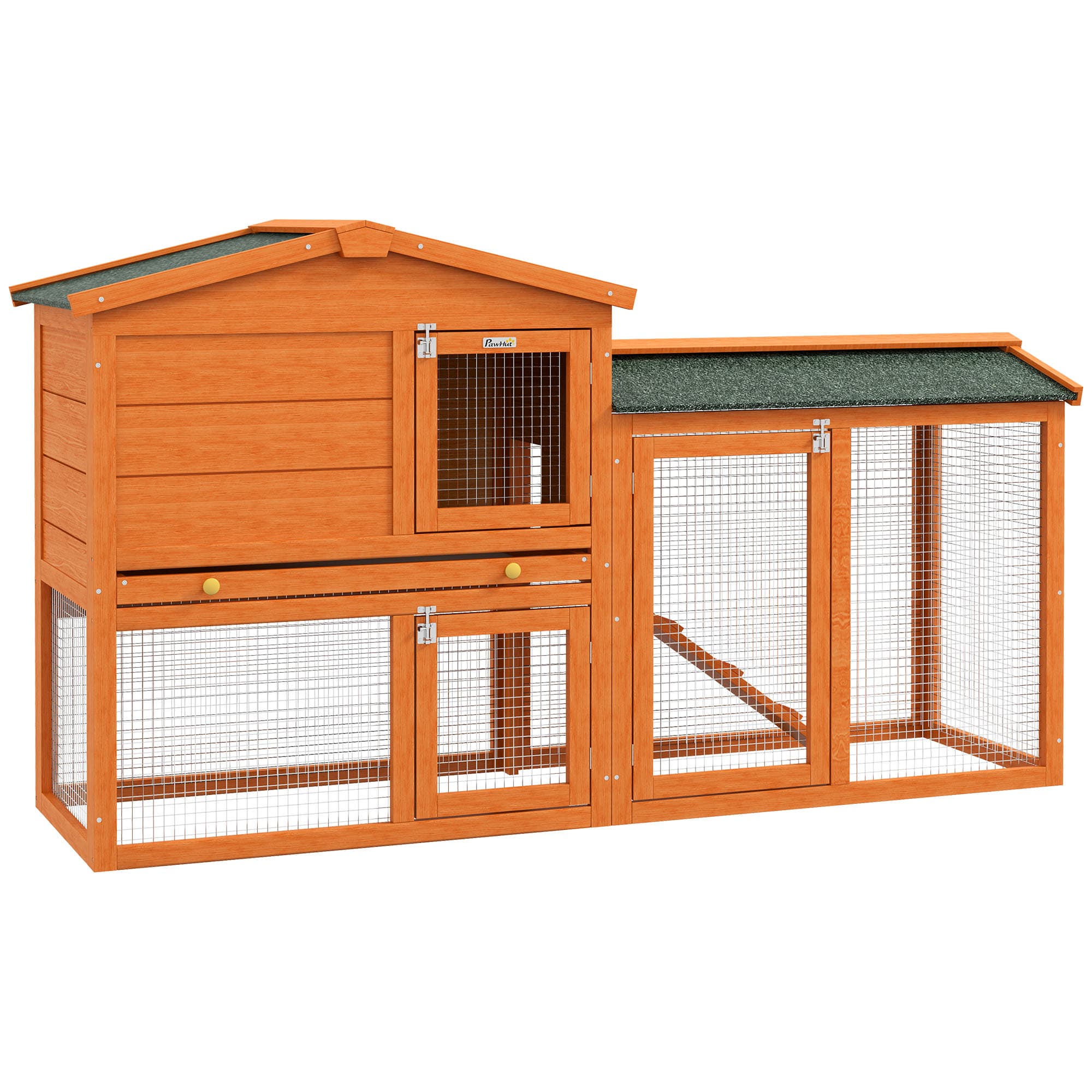 PawHut 2 Tier Rabbit Hutch with Run and Ramp for 1-2 rabbits, Rabbit Cage with Slide-out Tray for Garden, Yard, Orange | Aosom UK