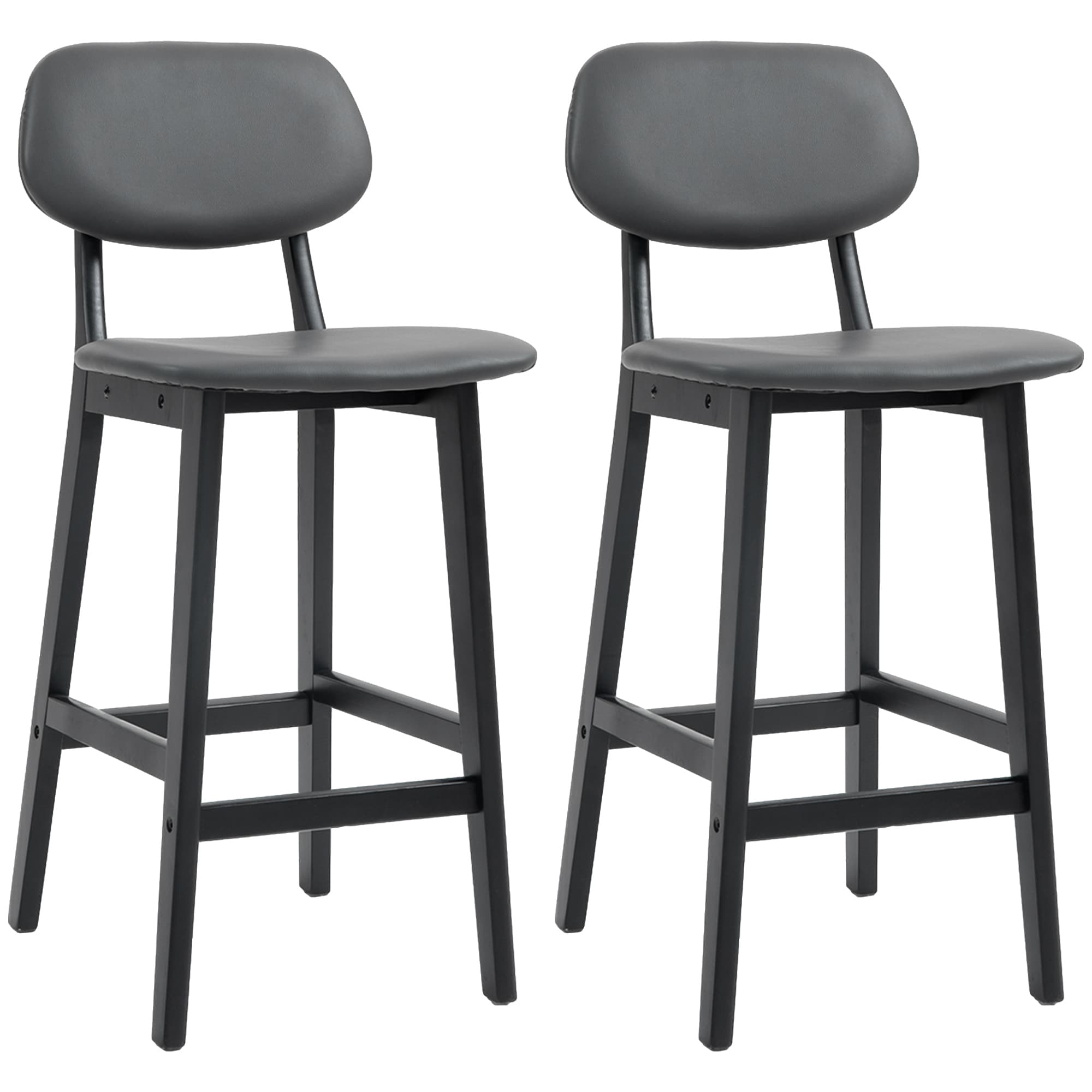 HOMCOM Bar Stools Set of 2, Modern Breakfast Bar Chairs, Faux Leather Upholstered Counter Bar Stools with Backs and Wood Legs, Dark Grey | Aosom UK
