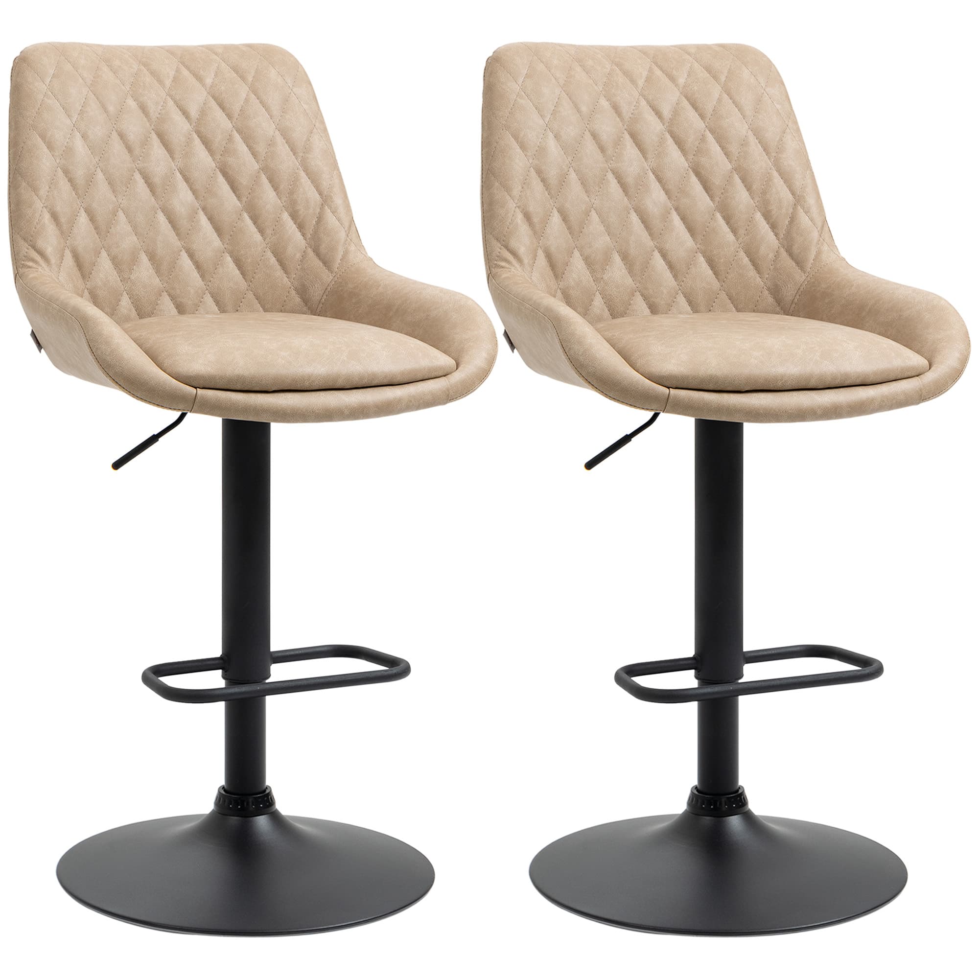 HOMCOM Retro Bar Chairs Set of 2, Adjustable Counter Bar Stool, Upholstered Bar Stools with Back, Swivel Seat, Light Khaki | Aosom UK