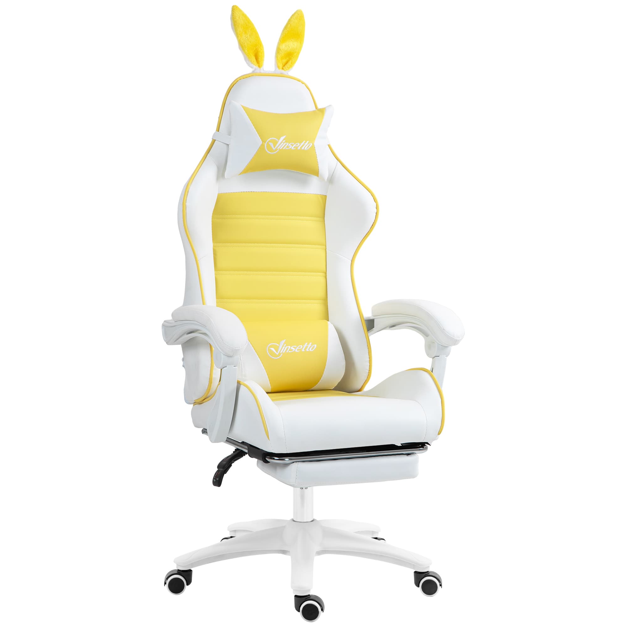 Vinsetto Racing Gaming Chair, Reclining PU Leather Computer Chair with Removable Rabbit Ears, Footrest, Headrest and Lumber Support, Yellow | Aosom UK