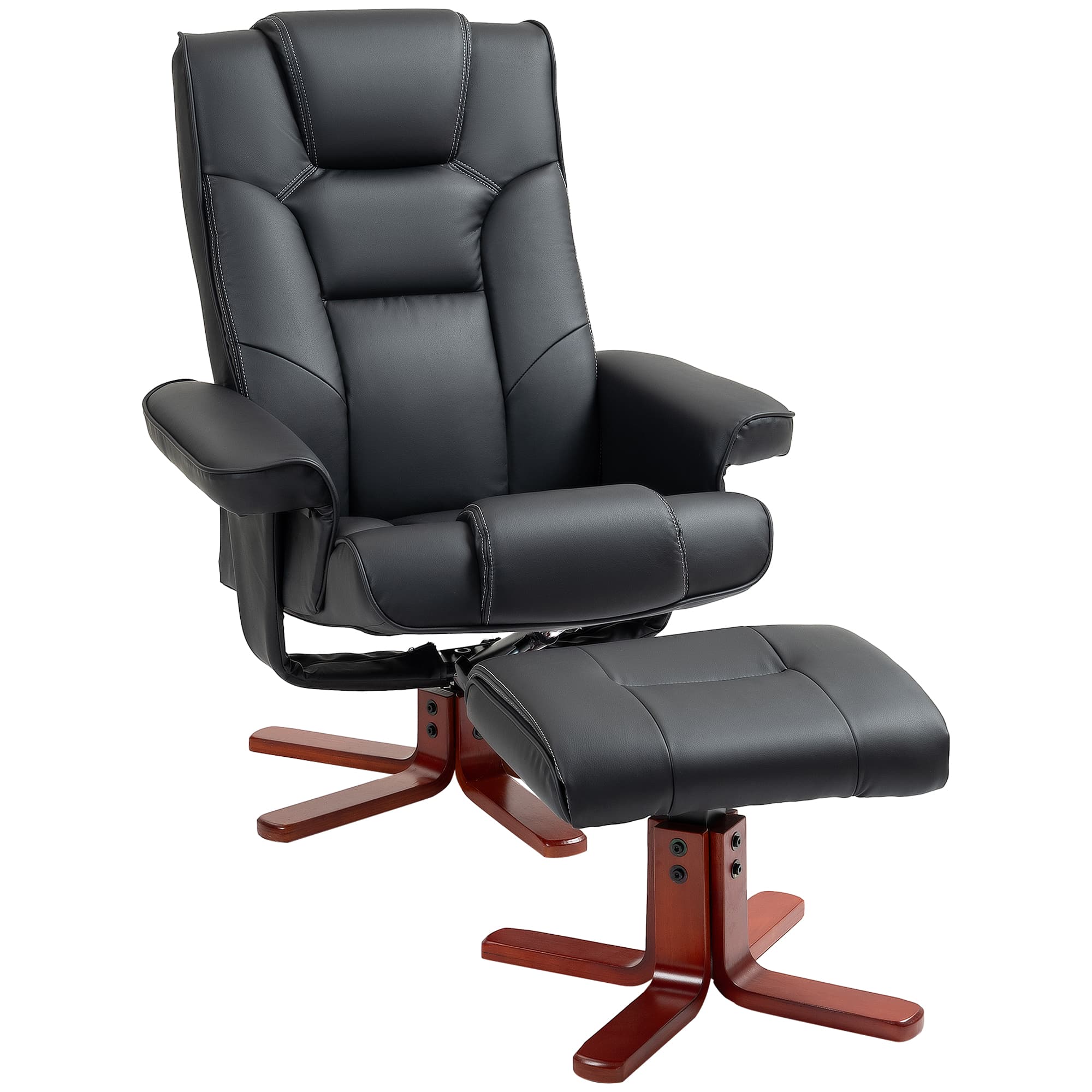 HOMCOM Leather Recliner Chair wirh Footstool, High Back, Armrests, Bent Wood Base, Rocking Function, Black | Aosom UK