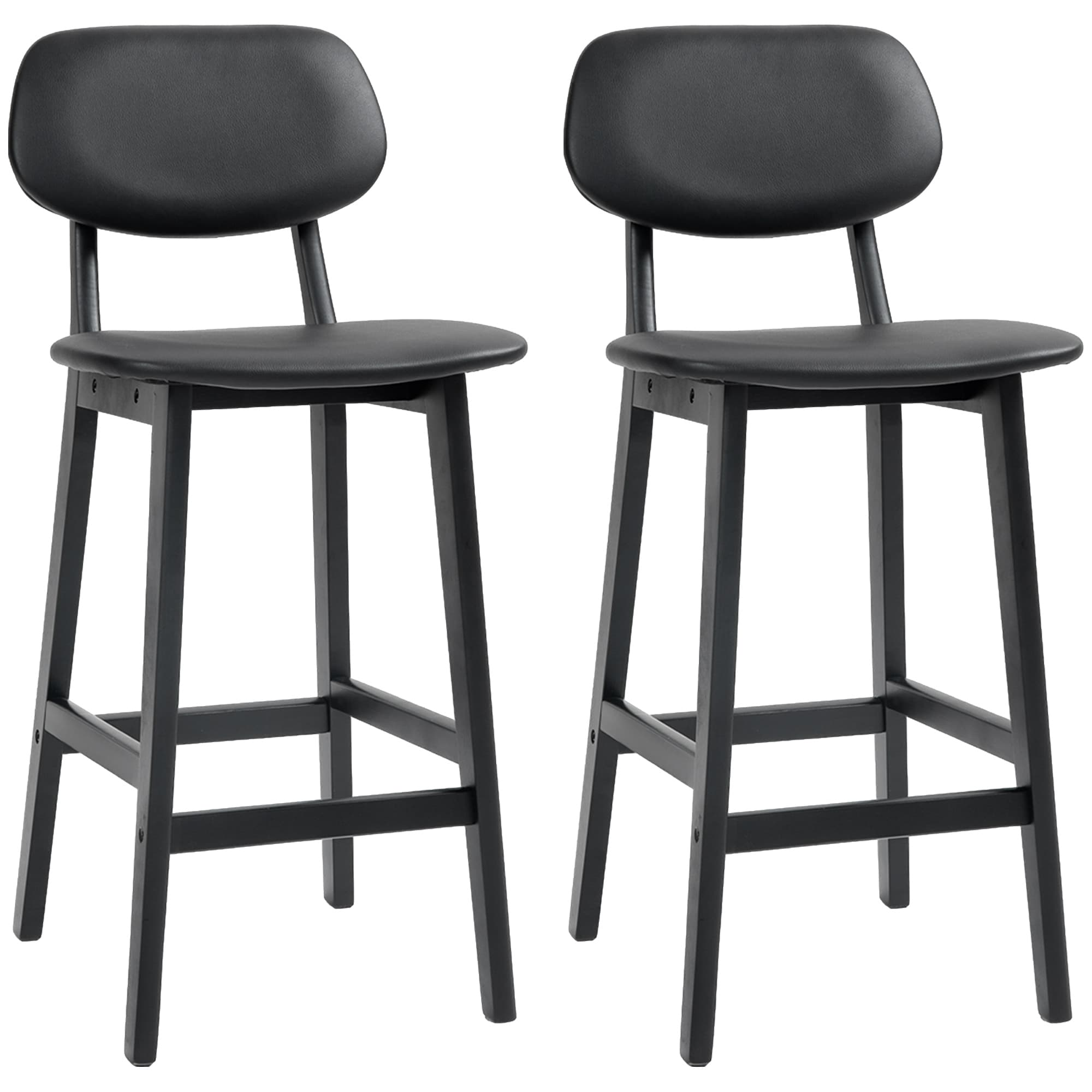 HOMCOM Bar Stools Set of 2, Modern Breakfast Bar Chairs, Faux Leather Upholstered Counter Bar Stool with Backs and Wood Legs, Black | Aosom UK