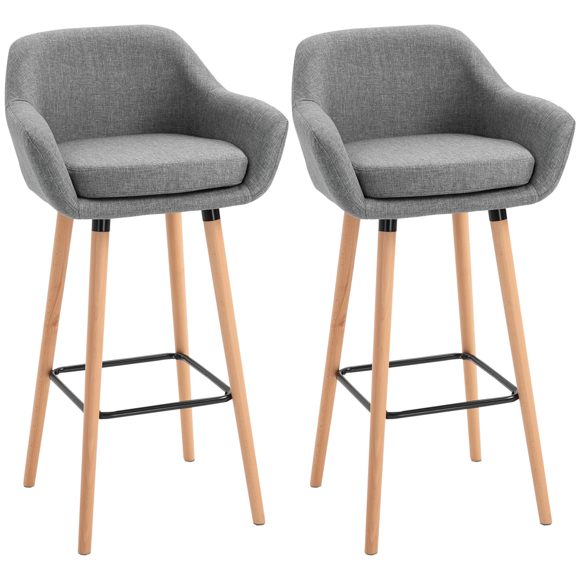 HOMCOM 2pcs Bar Chair, Wooden Counter Bar Stool with Linen Upholstery, Wood Legs, for Living Room Dining Room, Cat Scratch Anti, Grey | Aosom UK
