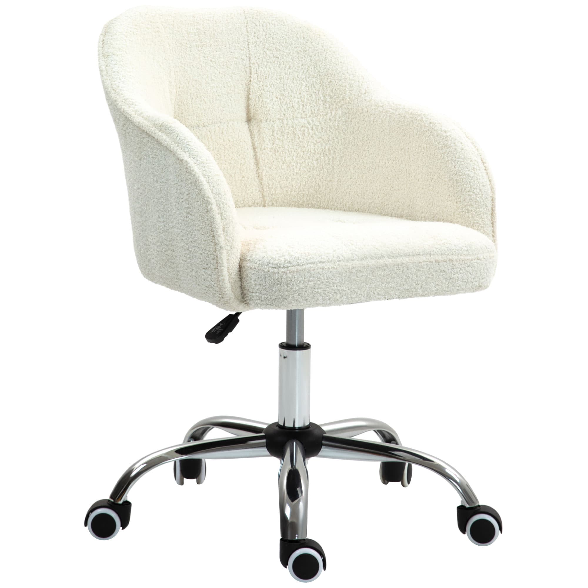 HOMCOM Swivel Armchair withTall Back, Teddy Fleece Office Chair, Makeup Vanity Chair with Height Adjustable, Wheels, Cream White | Aosom UK