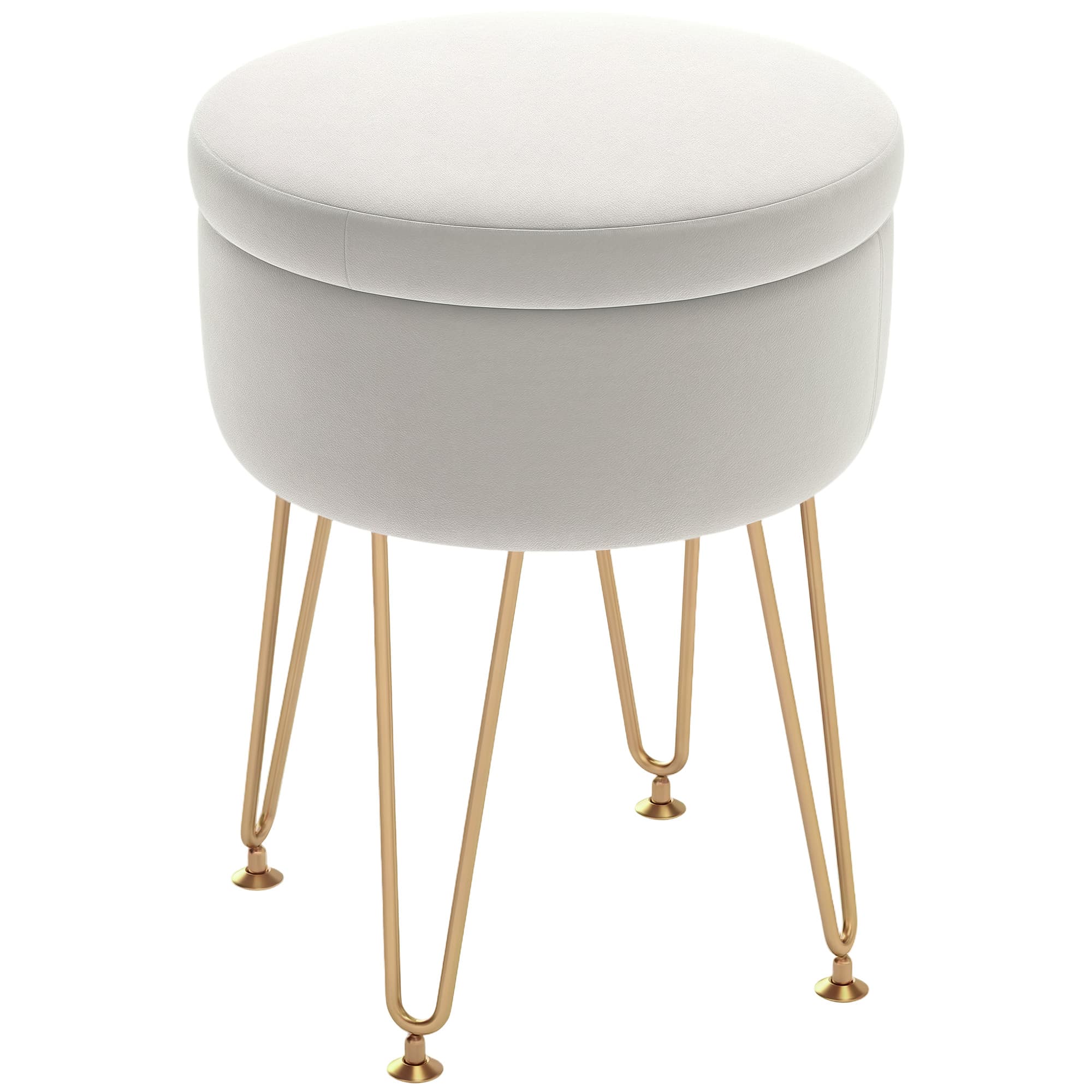 HOMCOM 5L Velvet Storage Ottoman, Modern Round Footstool with Metal Hairpin Legs and Removable Lid for Hallway, Bedroom, Living Room, Cream White