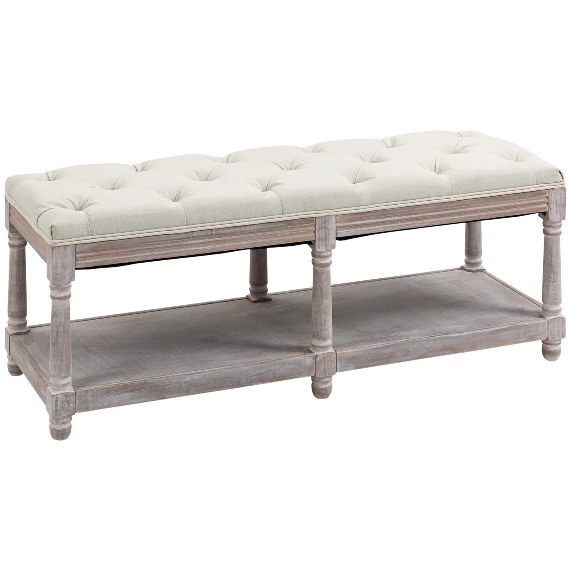 HOMCOM 2-Tier Bed End Bench, Vintage Stool, Wooden Window Seat with Storage Shelf, Button Tufted Upholstered Footstool, Cream White | Aosom UK