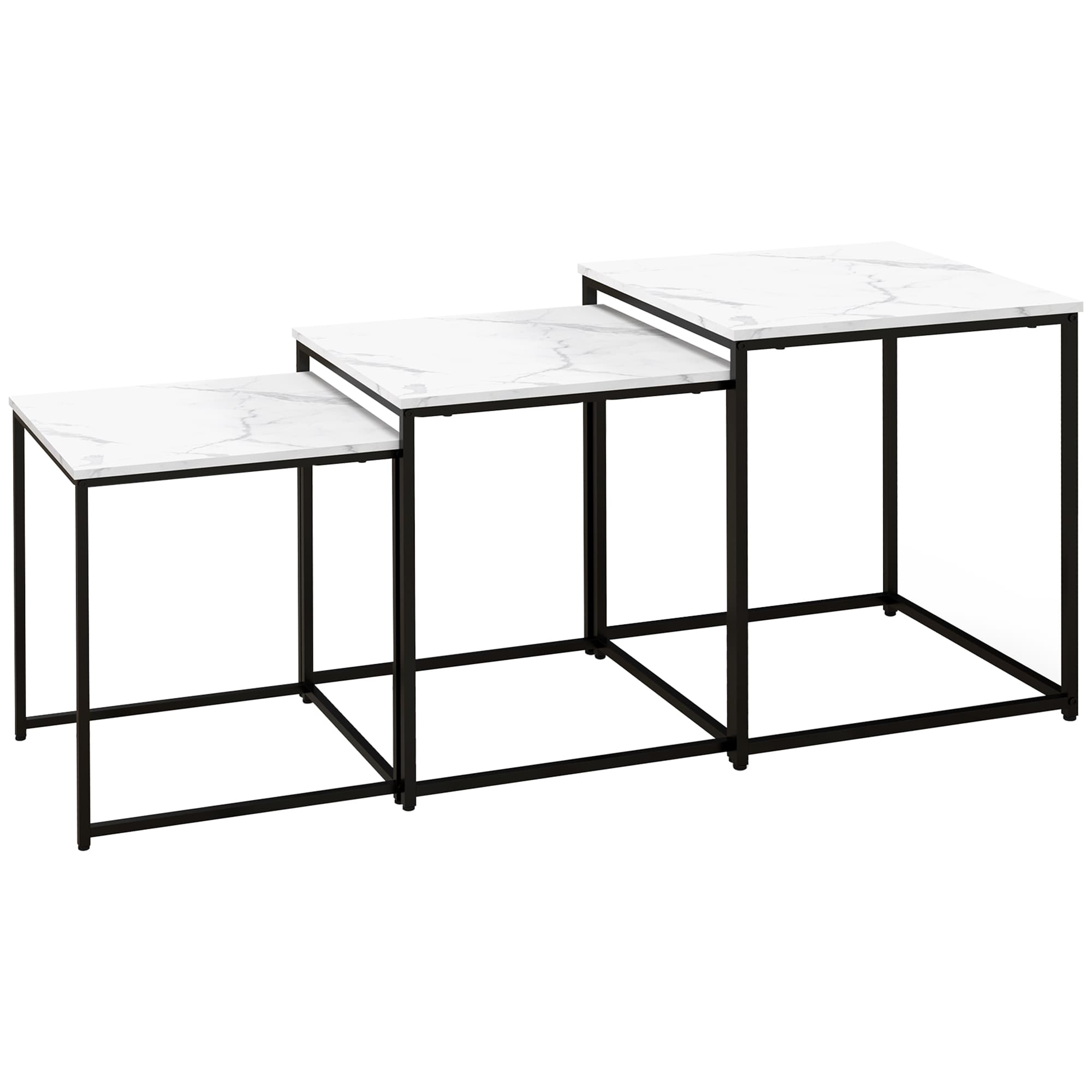 HOMCOM Nesting Tables Set of 3, Side End Table with Faux Marble Effect Top and Steel Legs for Living Room, Bedroom, White | Aosom UK