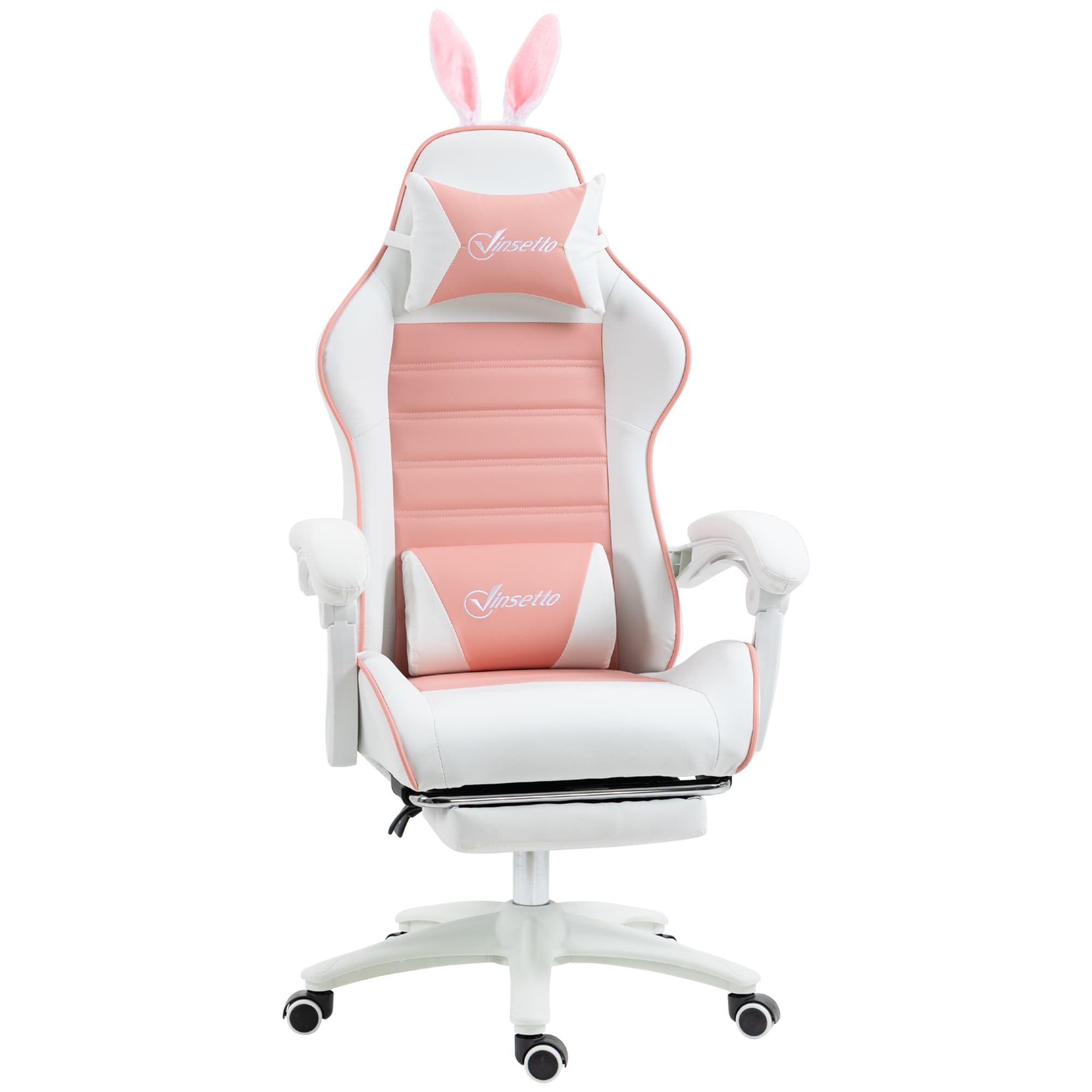 Vinsetto Racing Gaming Chair, Reclining PU Leather Computer Chair with Removable Rabbit Ears, Footrest, Headrest and Lumber Support, Pink | Aosom UK