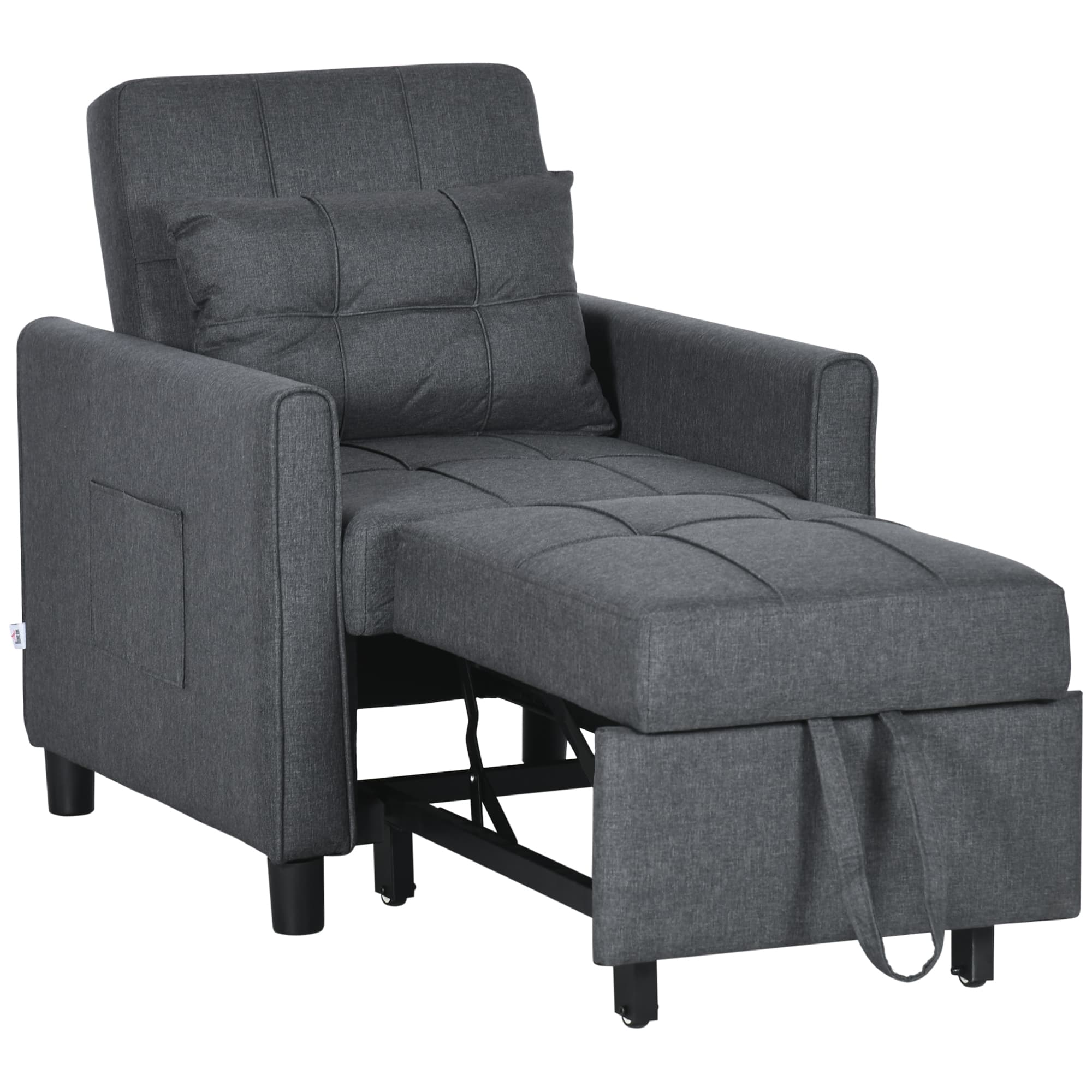 HOMCOM 3-In-1 Linen-Look Single Chair Bed with 11cm Thick Adjustable Back Fold Out Chair Bed with Eucalyptus Wood Sofa Frame - Grey | Aosom UK