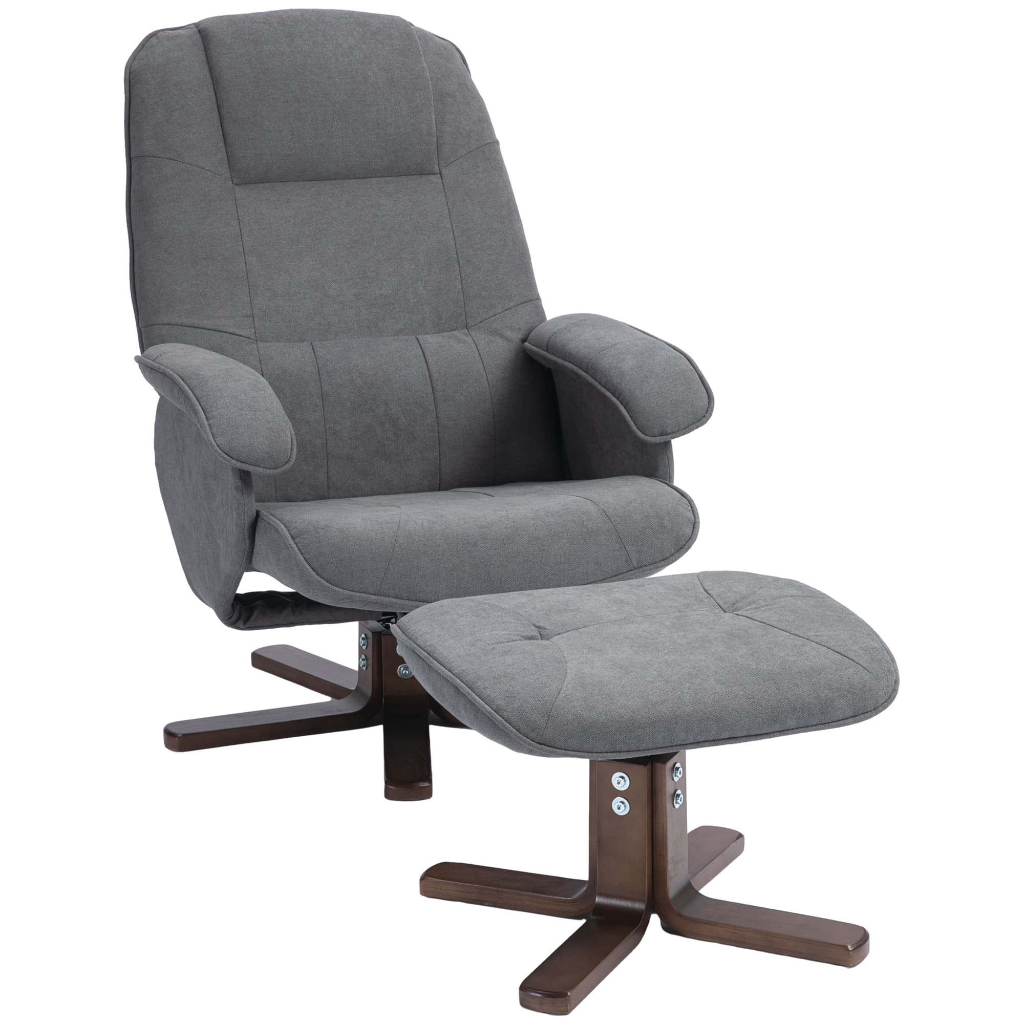 HOMCOM Linen Swivel Recliner Chair with Footstool, Upholstered Reclining Armchair with Wooden Base for Living Room, Cat Scratch Anti, Grey | Aosom UK