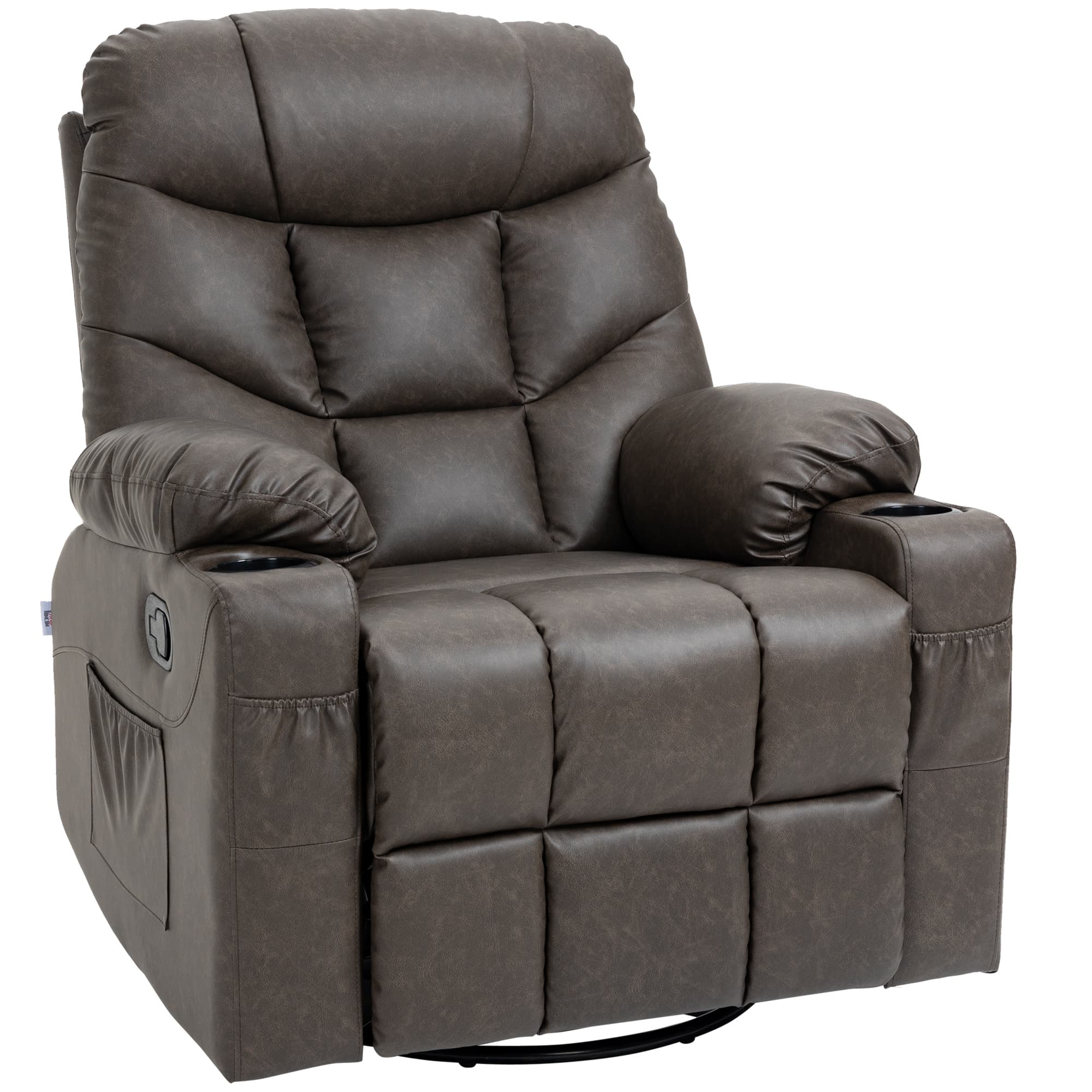 HOMCOM Single Leather Reclining Chair, Manual Recliner Armchair with Faux Leather, Footrest, Cup Holders, 86x93x102cm, Brown | Aosom UK